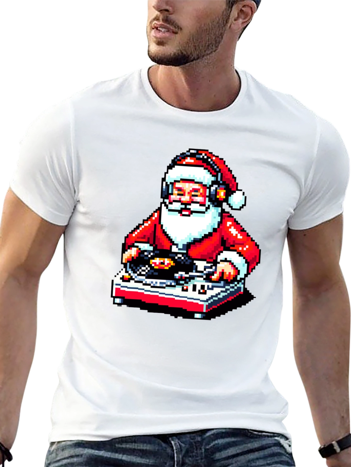 DJ Santa Pixel Art Black T-Shirt