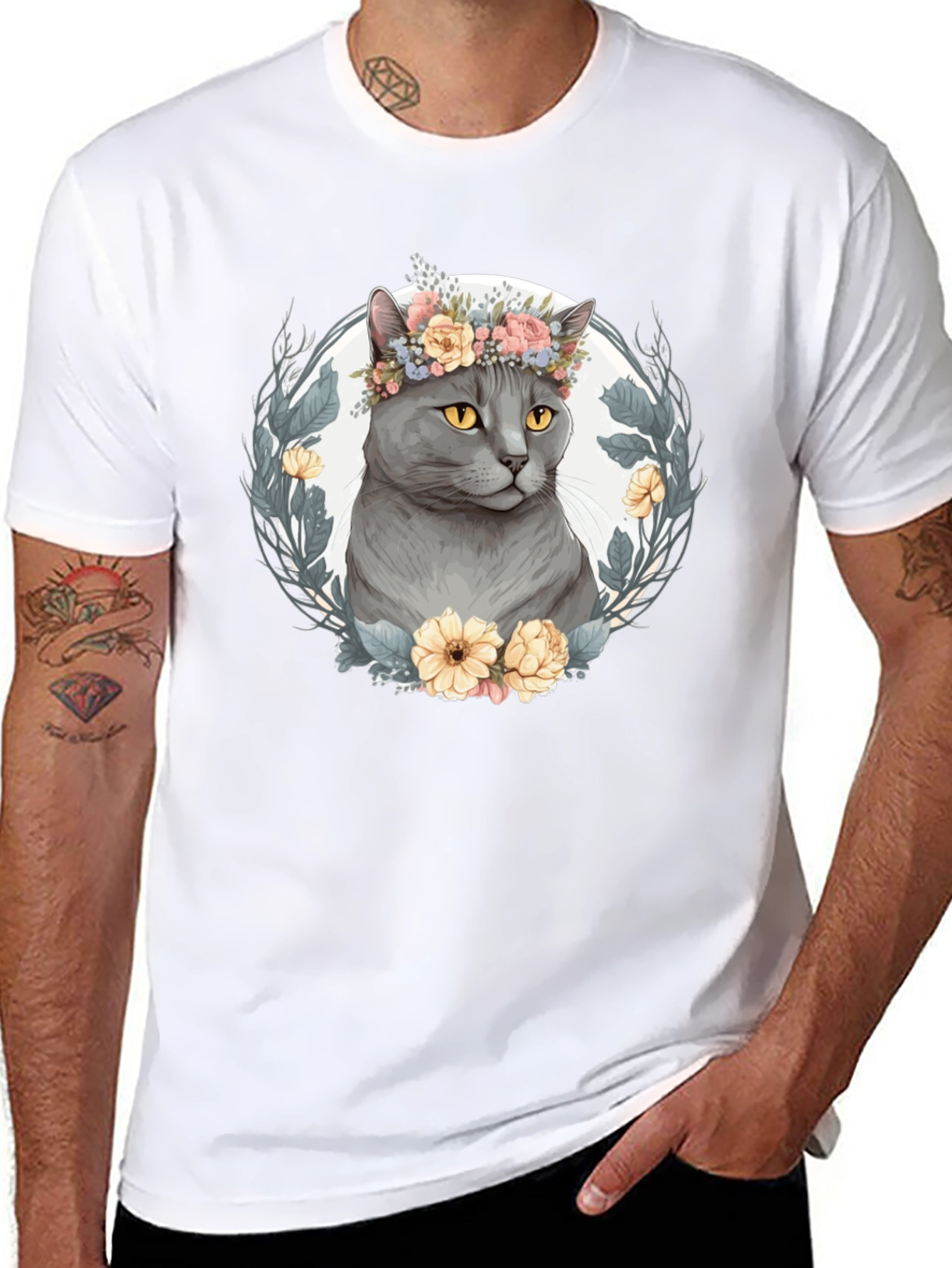 Cat with Floral Crown Graphic Tee - Black