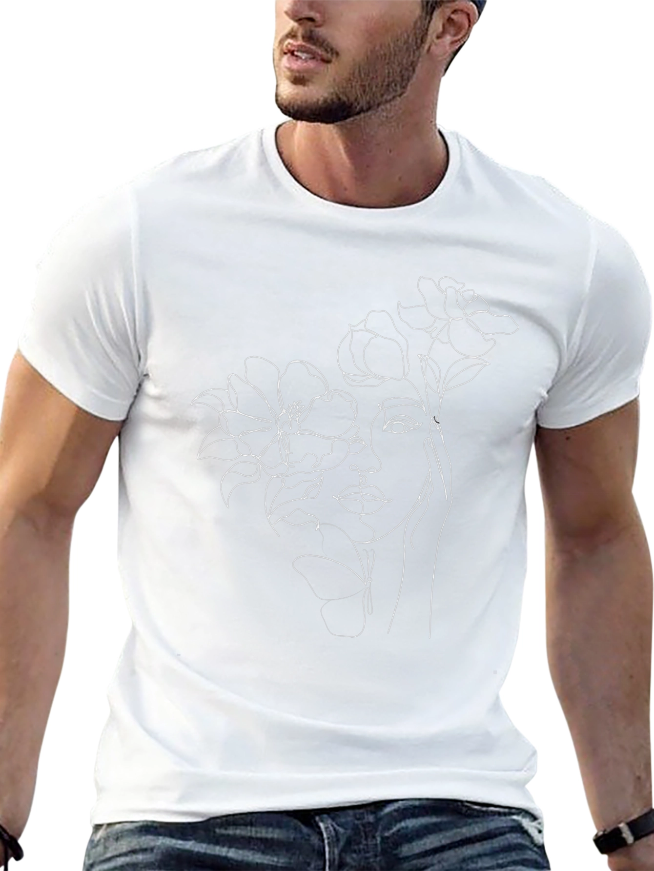 Floral Woman Line Art Black Tee