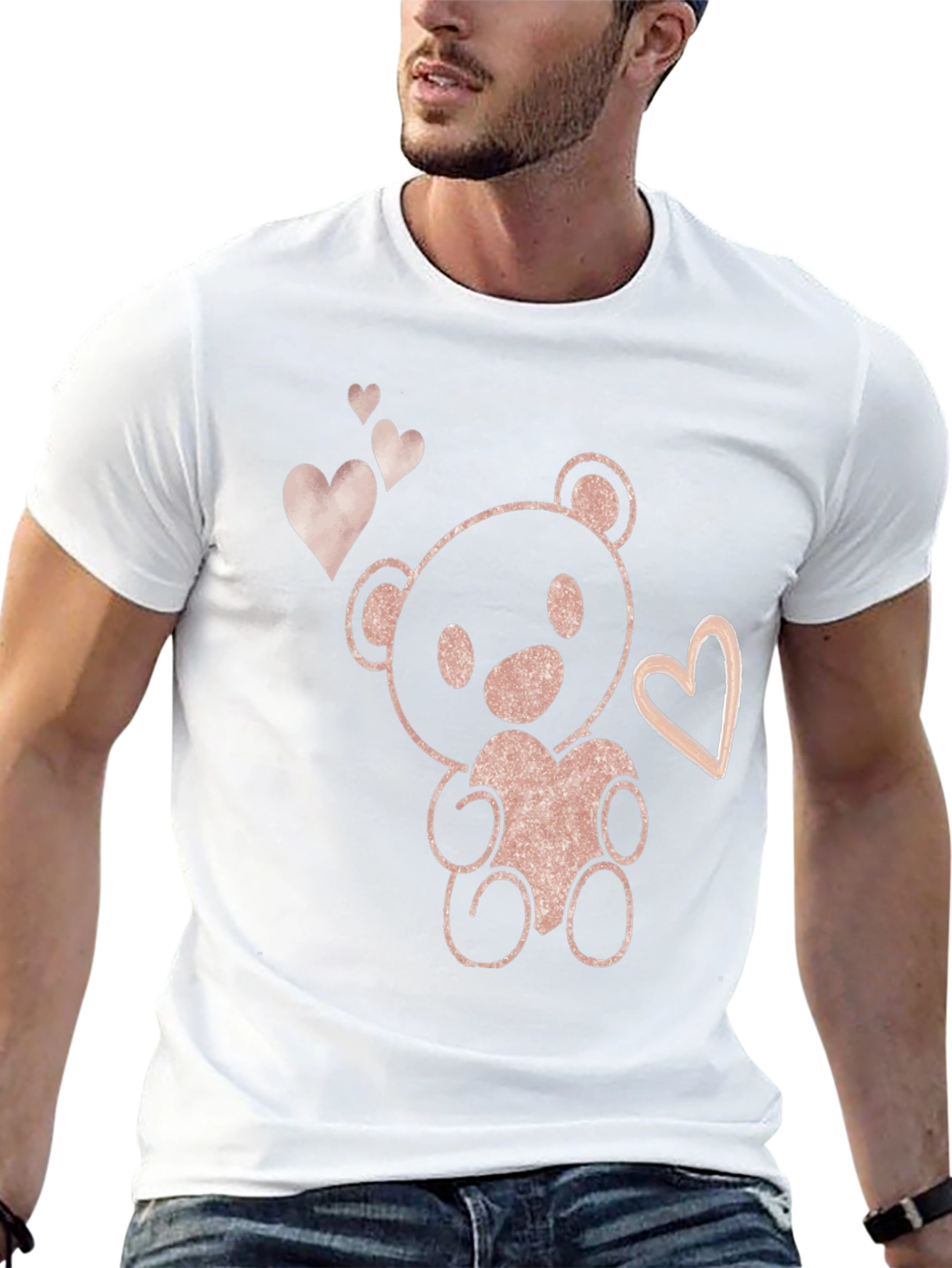 Cute Teddy Bear Heart Graphic Tee - Black