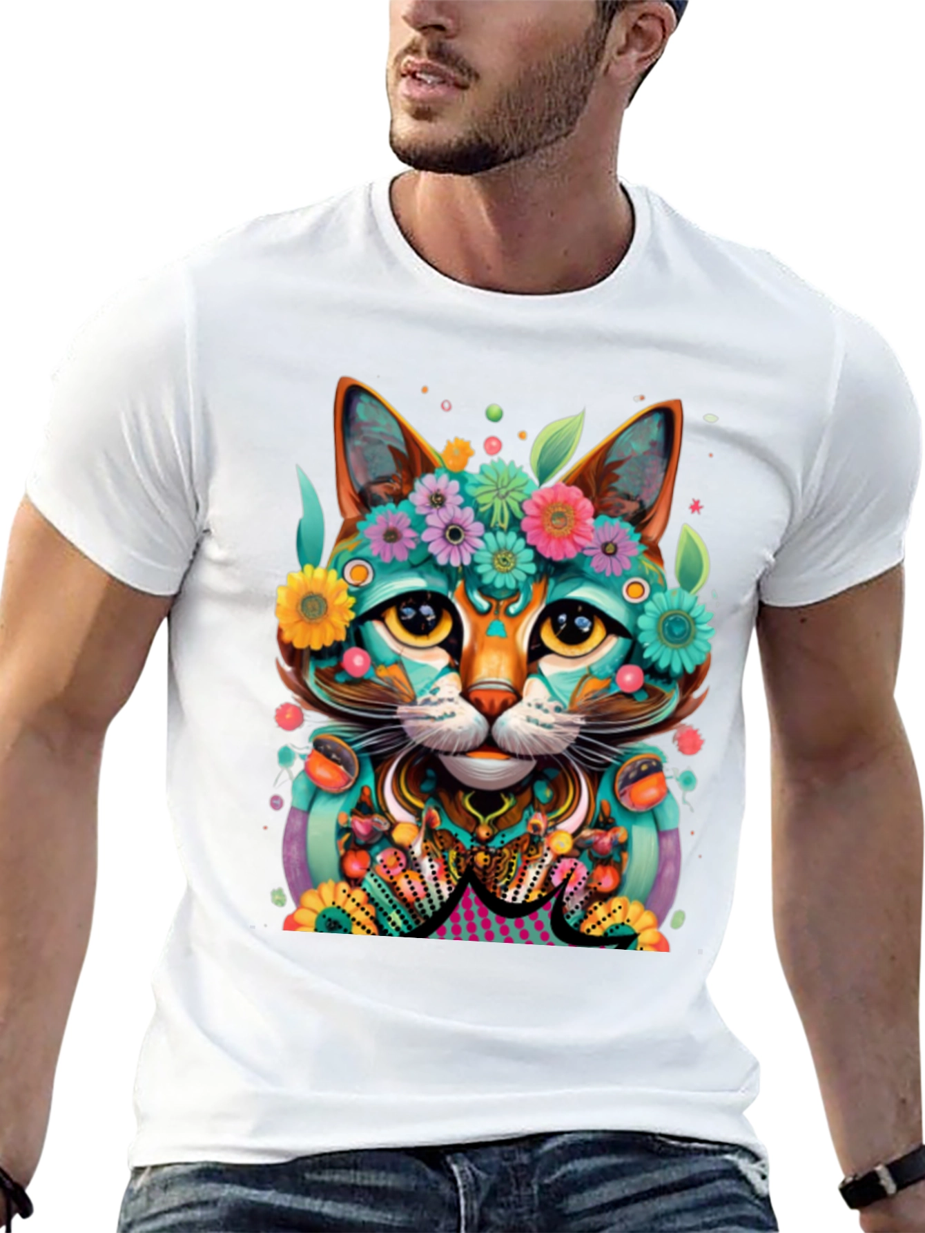 Floral Cat T-Shirt - Vibrant Graphic Tee