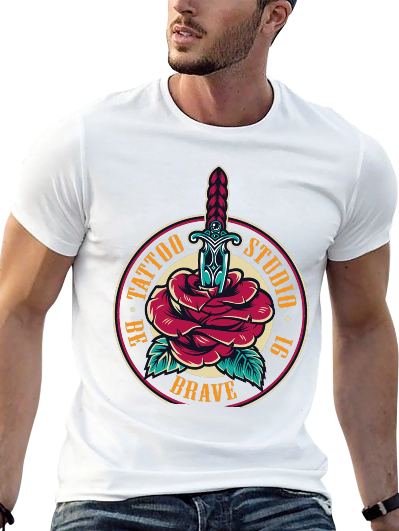 Brave Tattoo Studio T-Shirt - Rose & Dagger Design