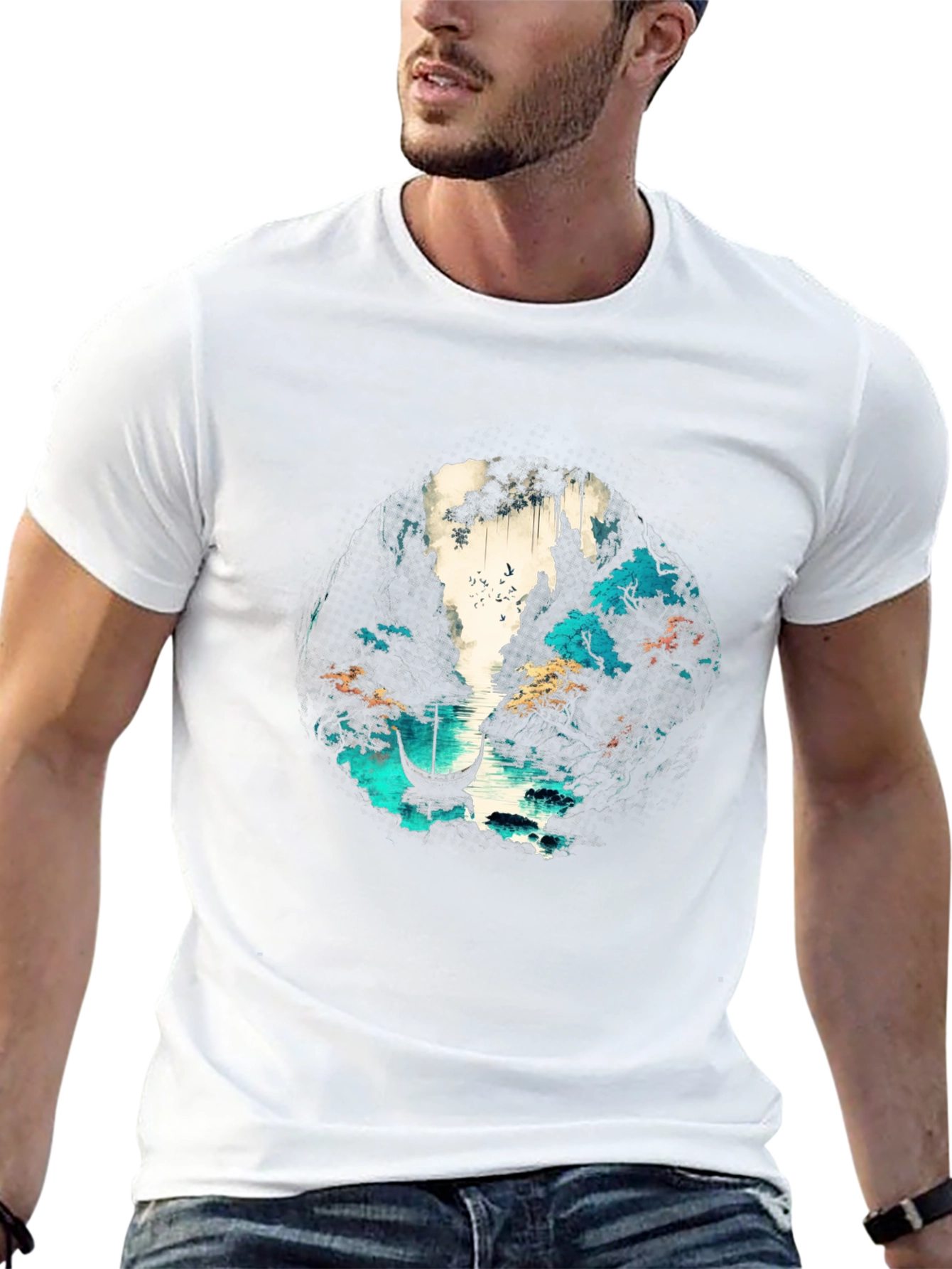 Nature Graphic T-Shirt - Boat & Water Design