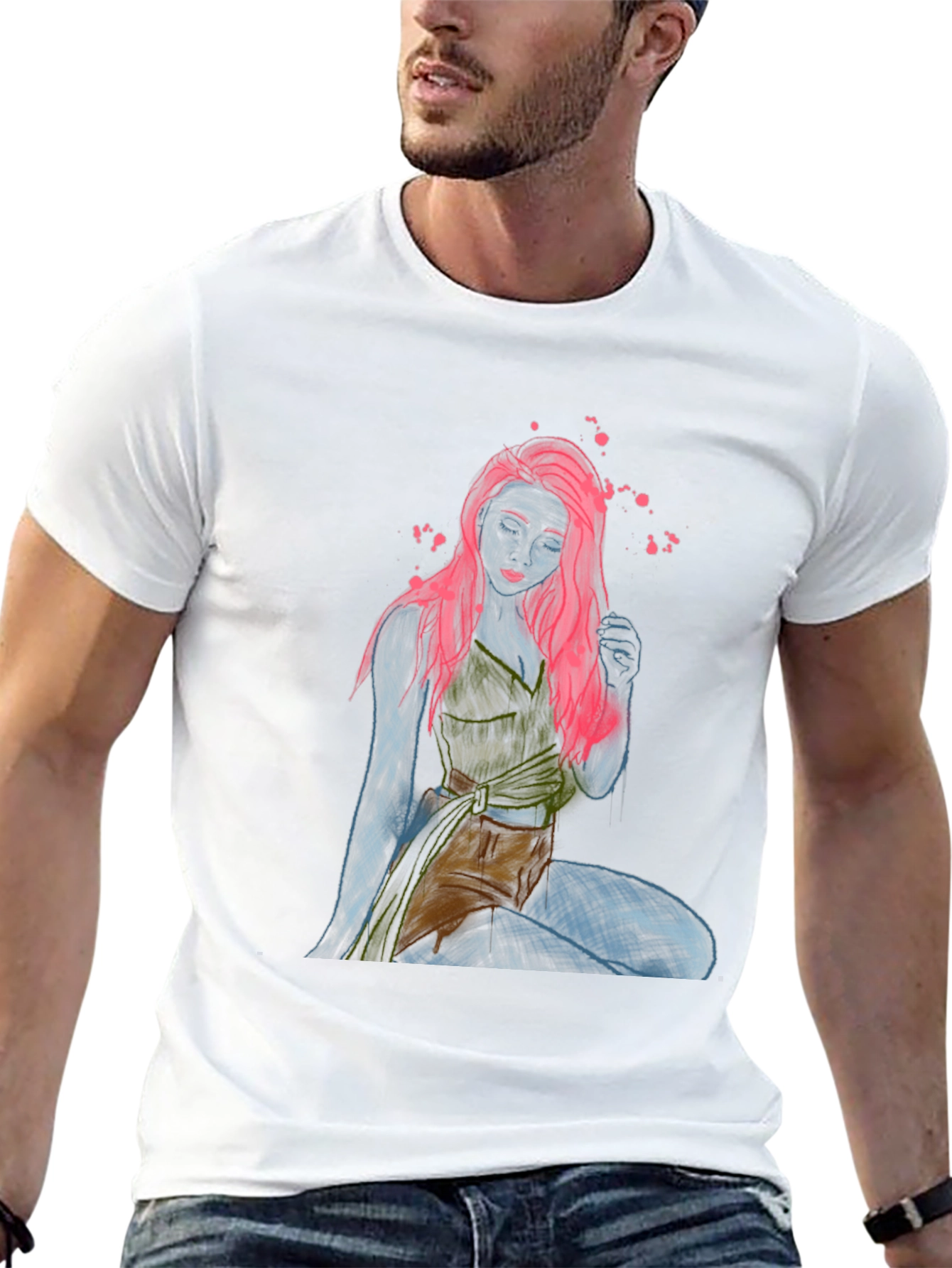 Unique Graphic T-Shirt: Neon Sketch Woman Design