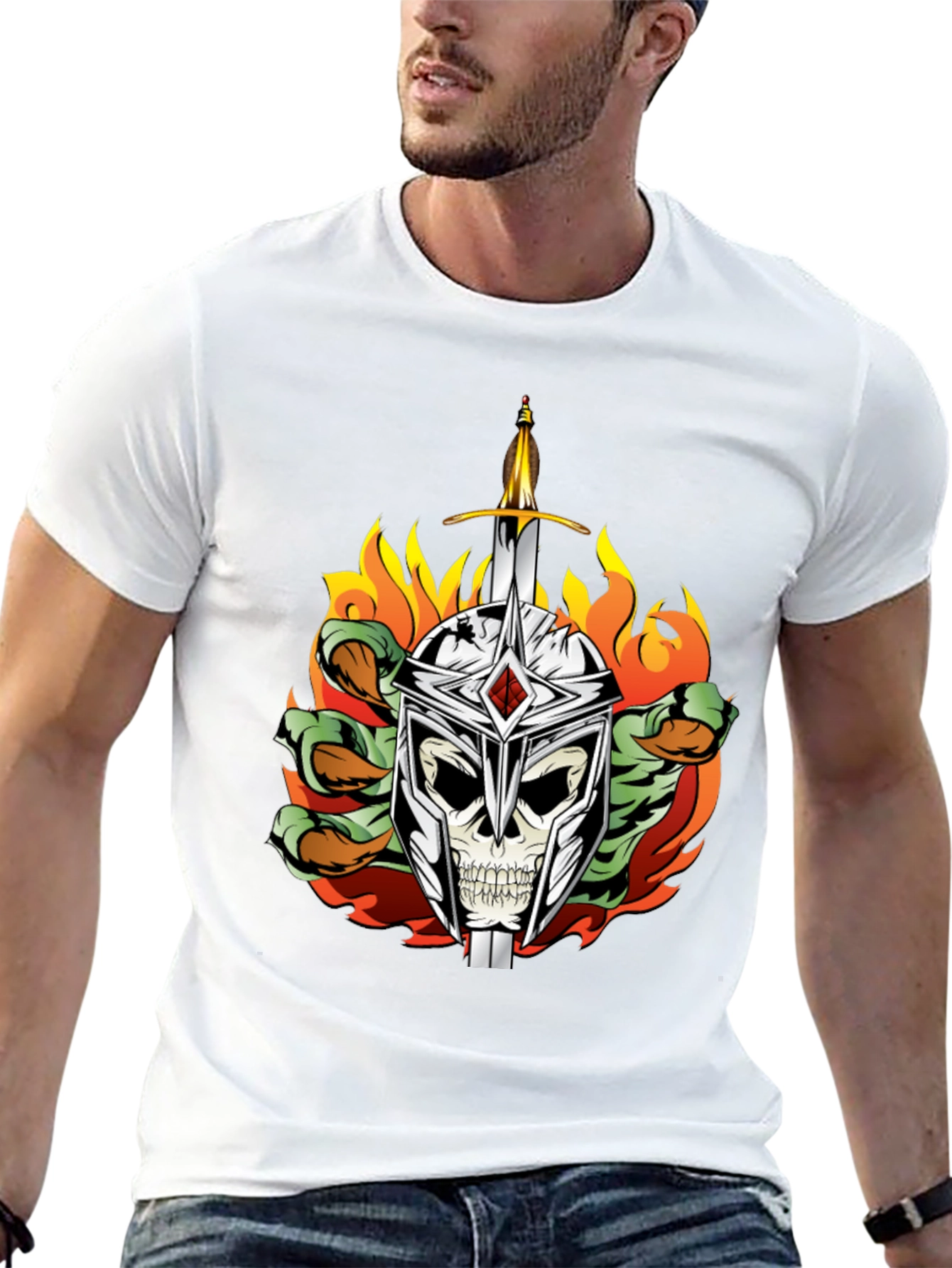 Skull Knight Sword Flames Graphic Tee