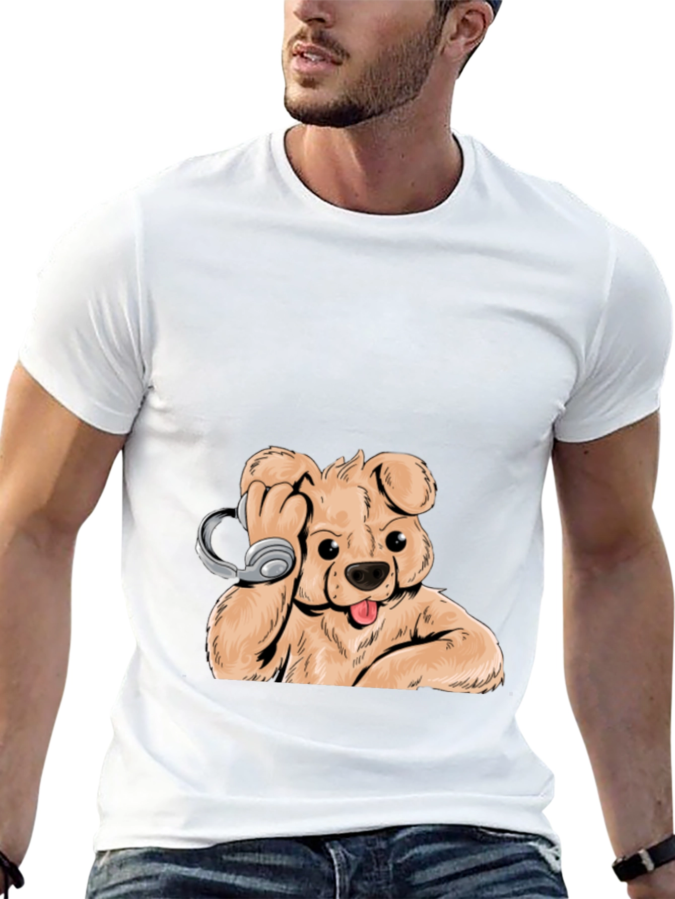 Dog with Headphones Graphic Tee - Cool Black T-Shirt