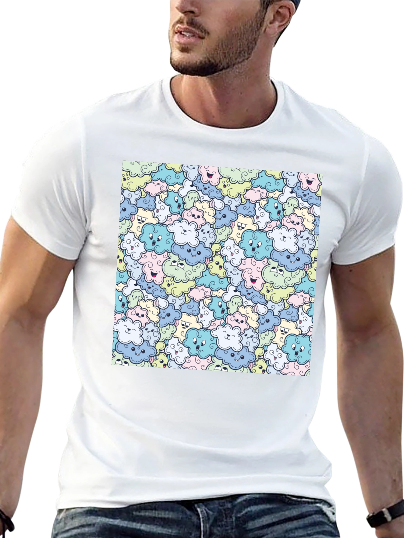 Cute Cartoon Cloud Pattern Black T-Shirt