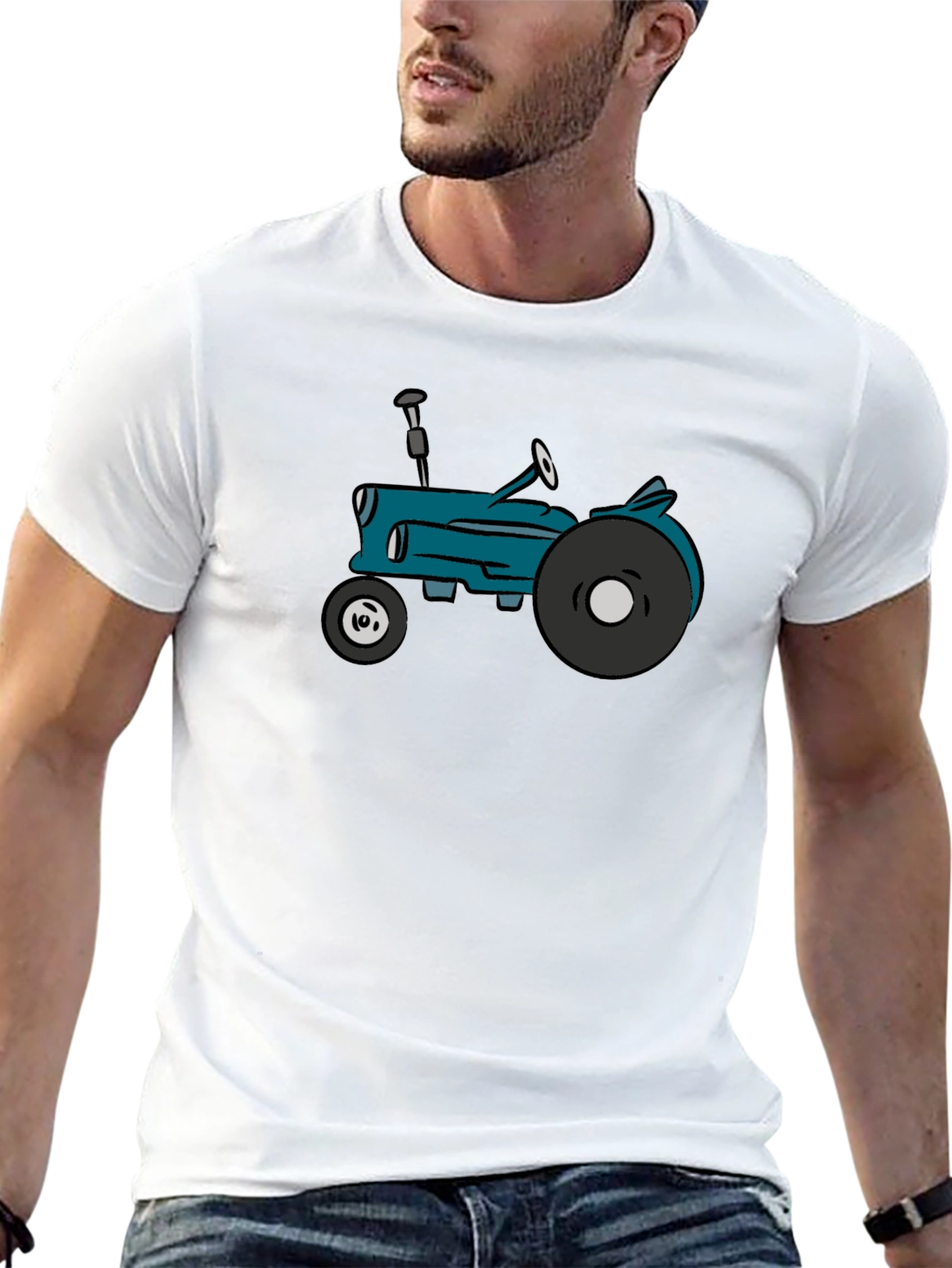 Cartoon Tractor Graphic Tee - Black Cotton T-Shirt
