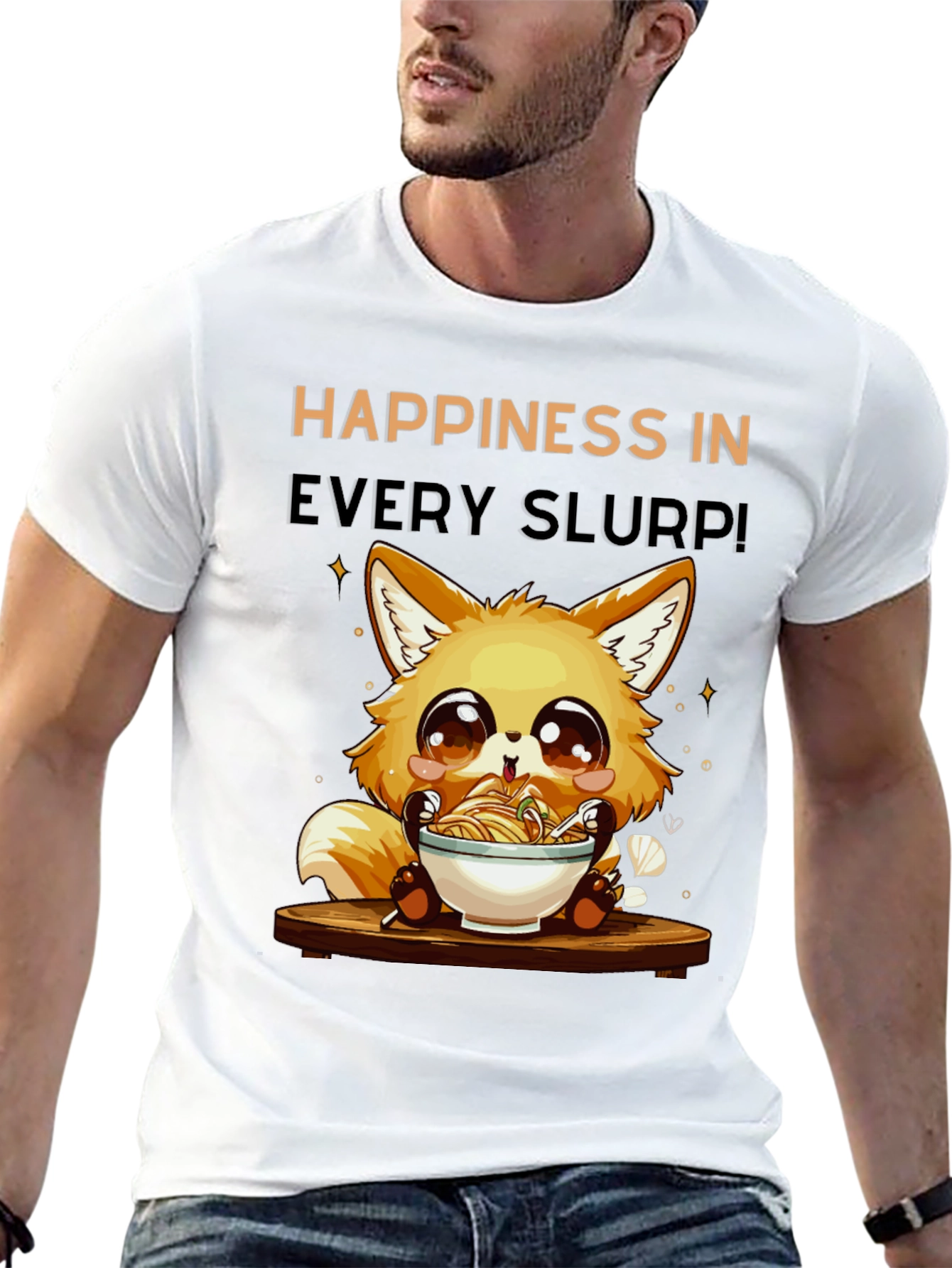 Happiness Slurp Ramen T-Shirt - Cute Fox Design