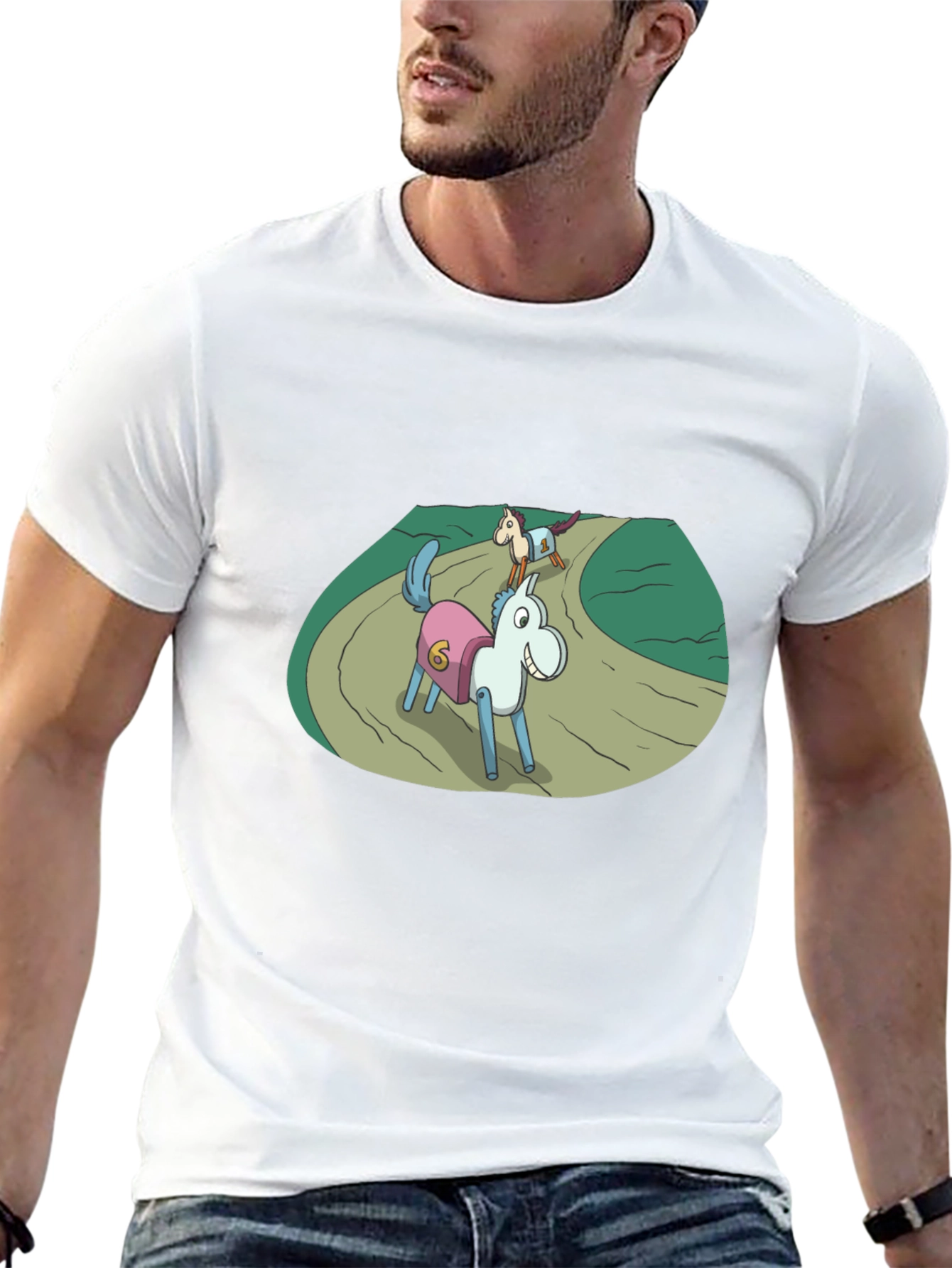 Cartoon Horse Race Black T-Shirt