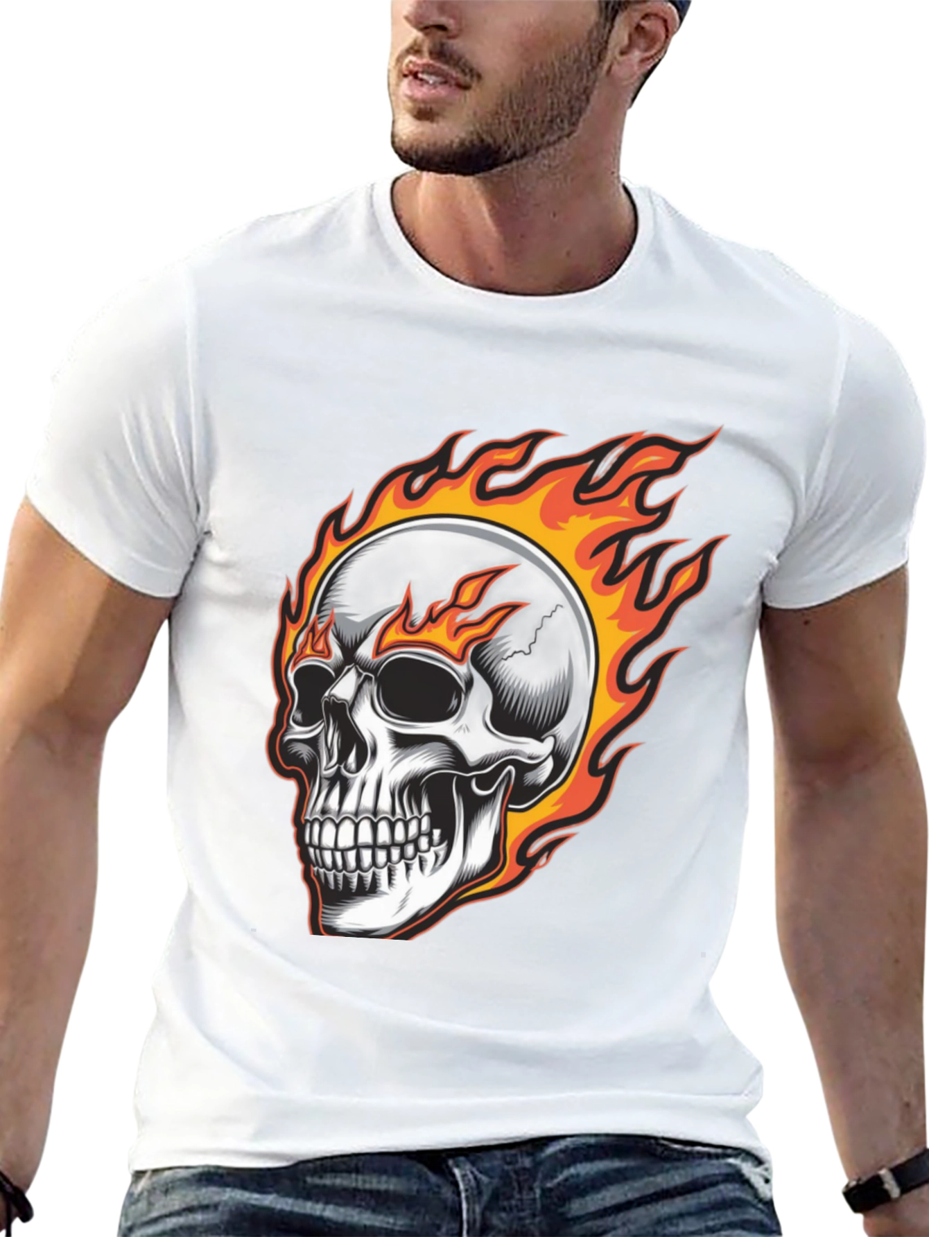 Flaming Skull Graphic Tee - Black Cotton Blend