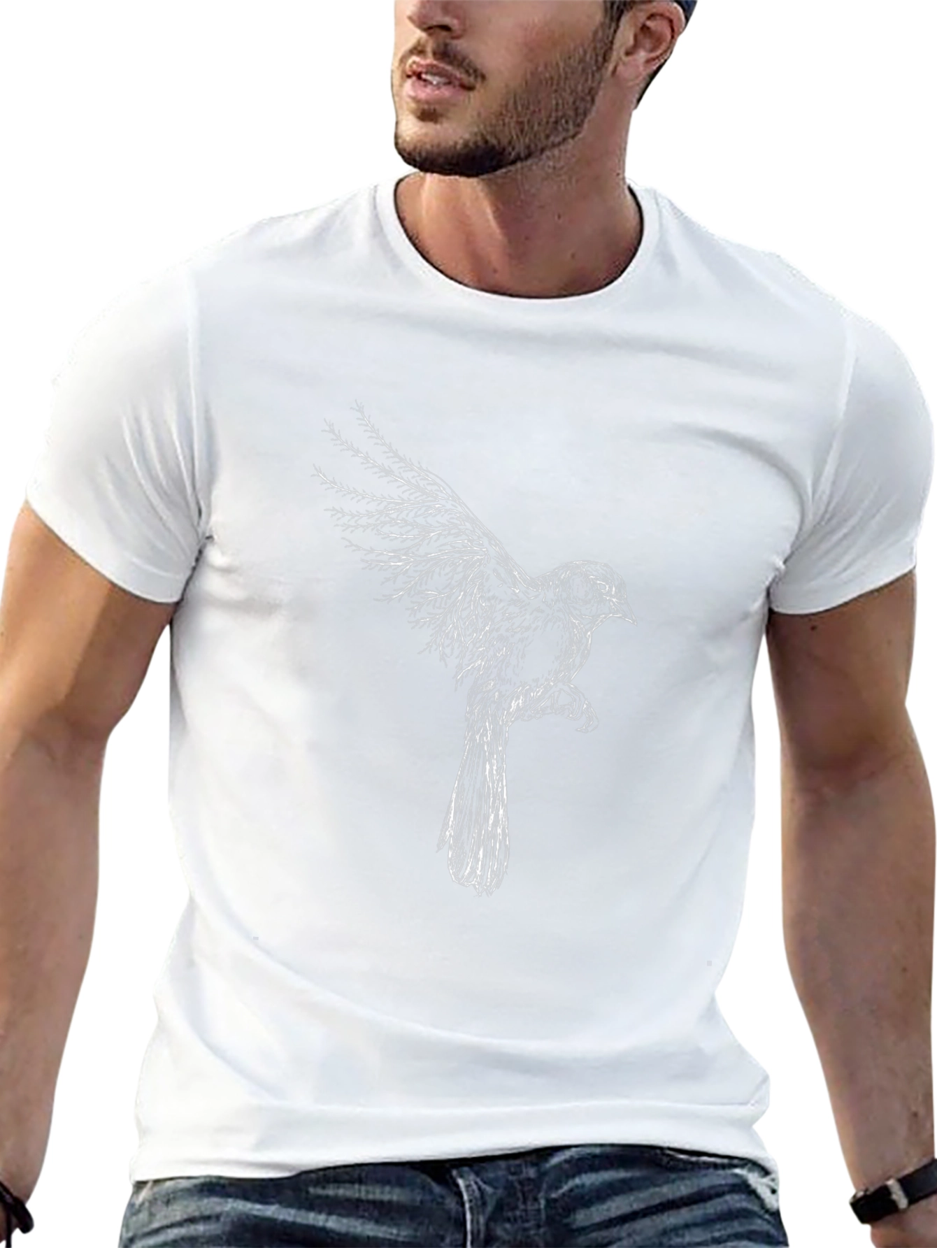 Black T-Shirt with Artistic Bird Print