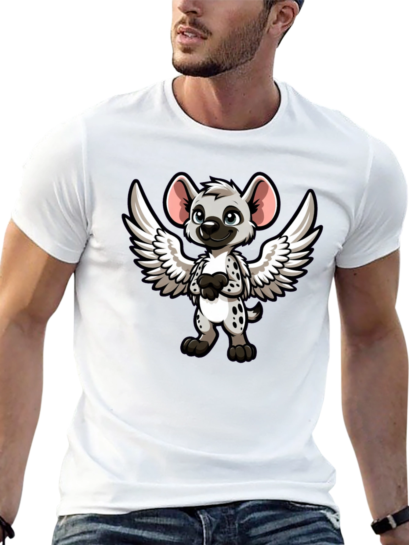 Cartoon Hyena Angel Wings Black T-Shirt