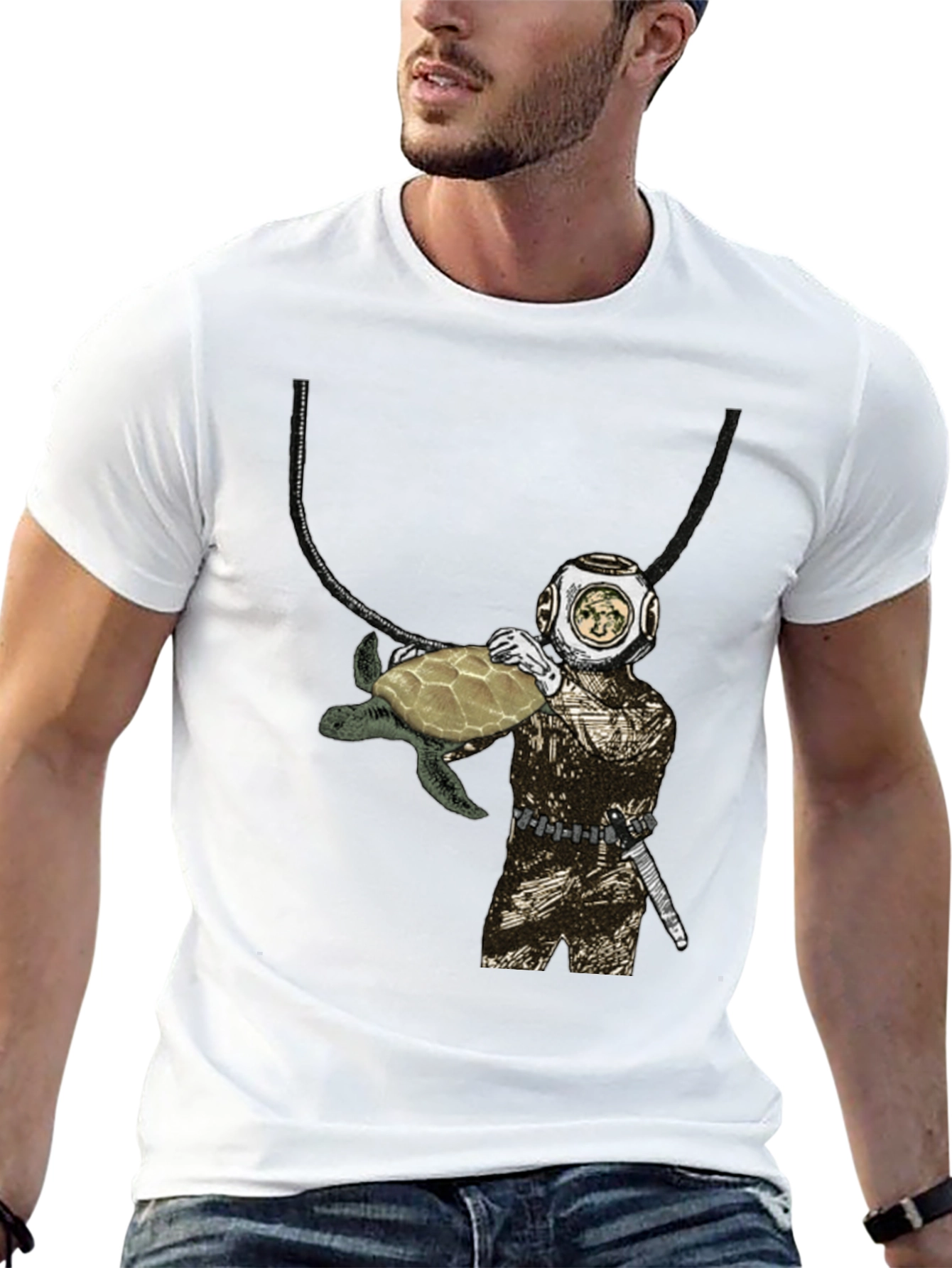 Diver and Turtle Graphic T-Shirt