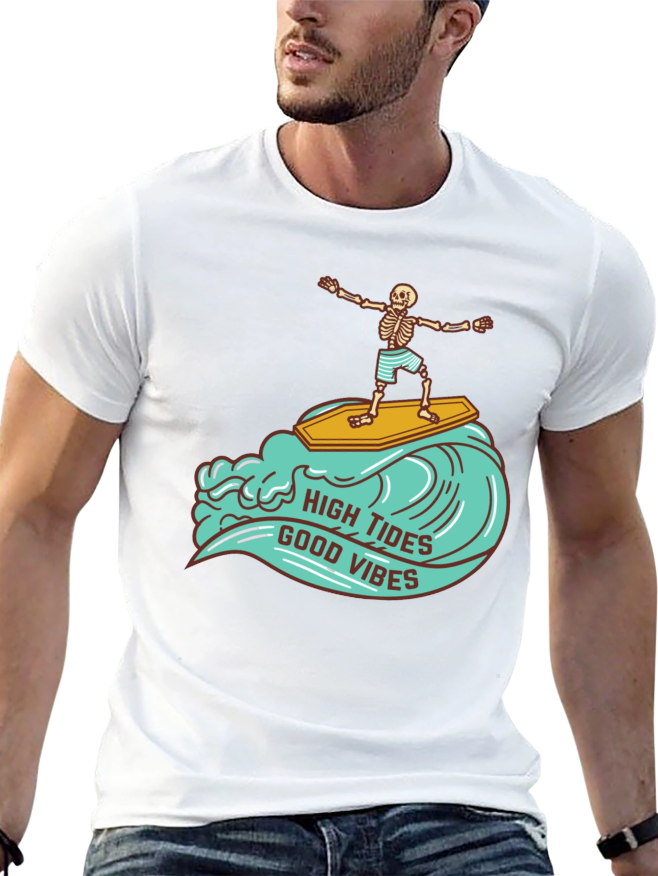 Skeleton Surfer T-Shirt - High Tides Good Vibes Tee