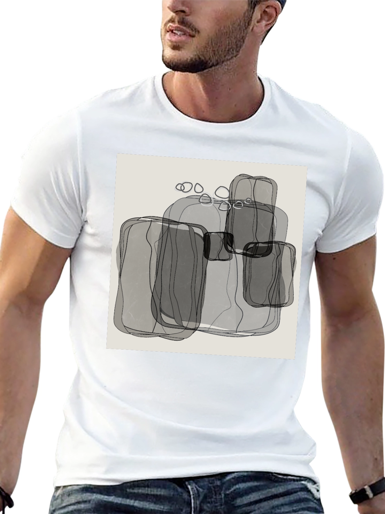 Abstract Gray Block Print Mens Black T-Shirt