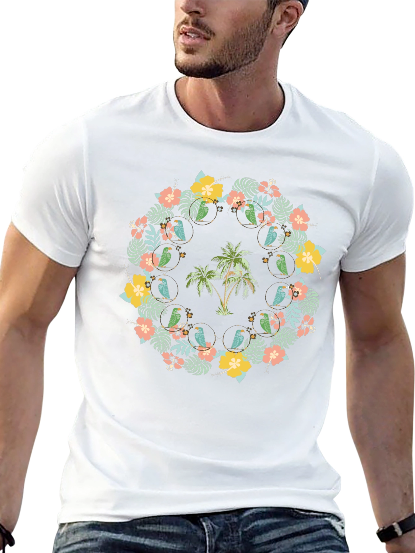 Tropical Floral Palm Tree Parrot Graphic Tee