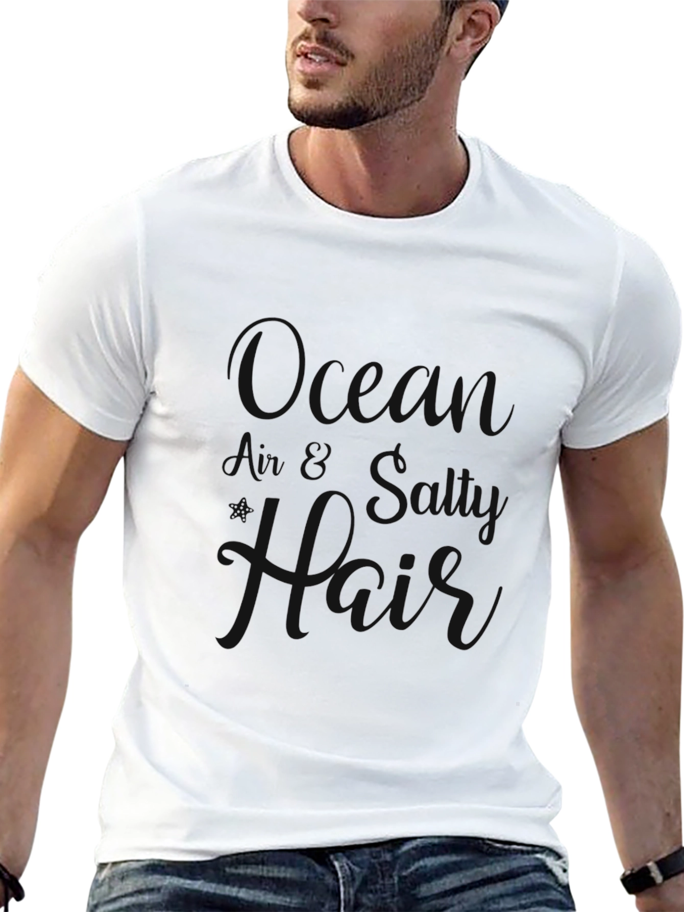 Black Crewneck T-Shirt with Ocean Air Salty Hair Design