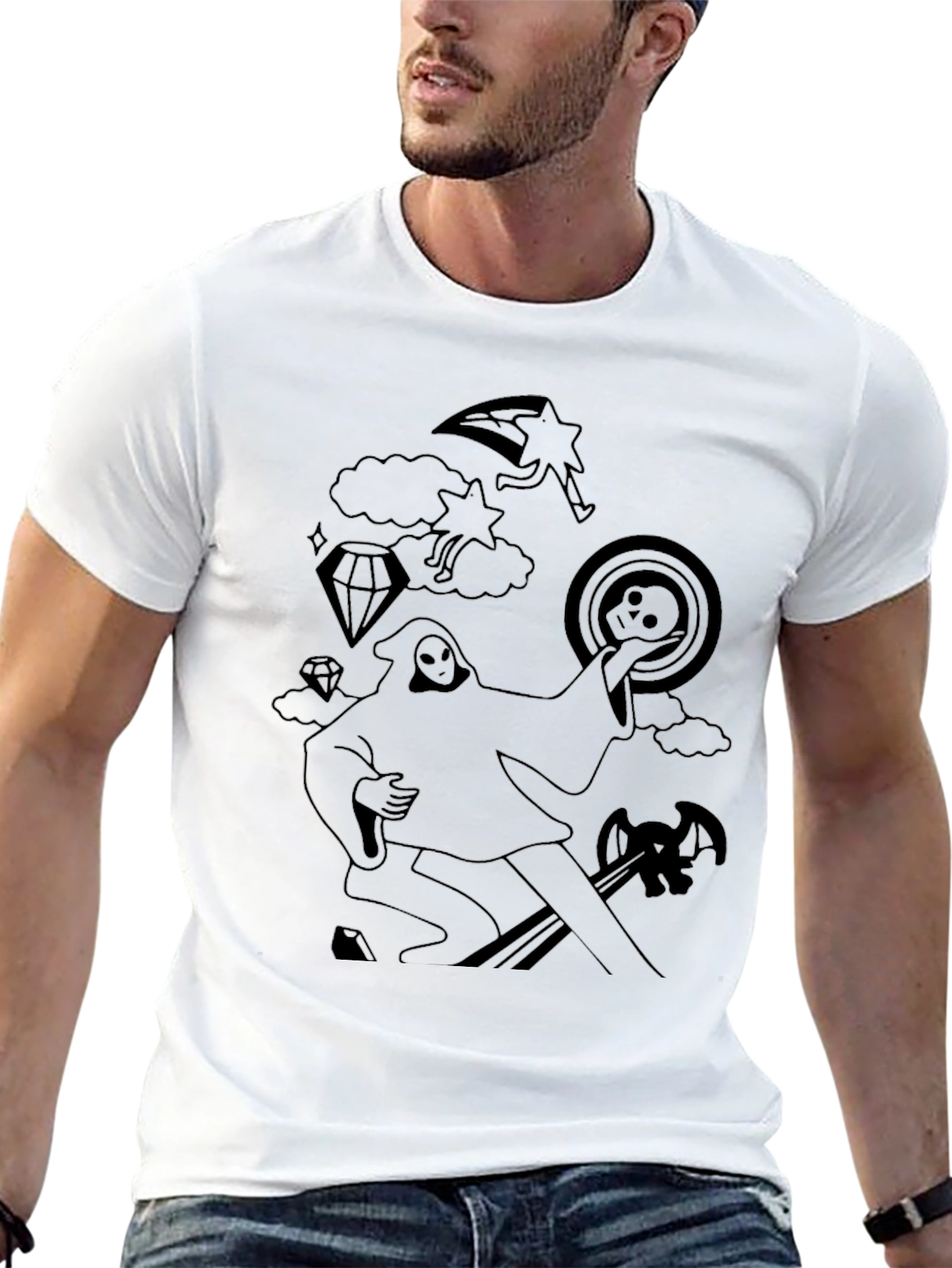 Black Graphic Tee - Death Tarot Cartoon