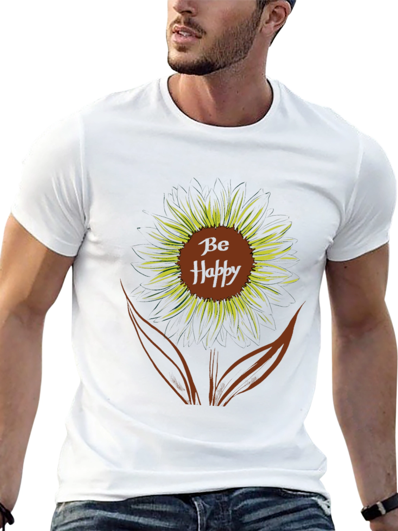 Be Happy Sunflower Graphic Tee - Black Casual T-Shirt