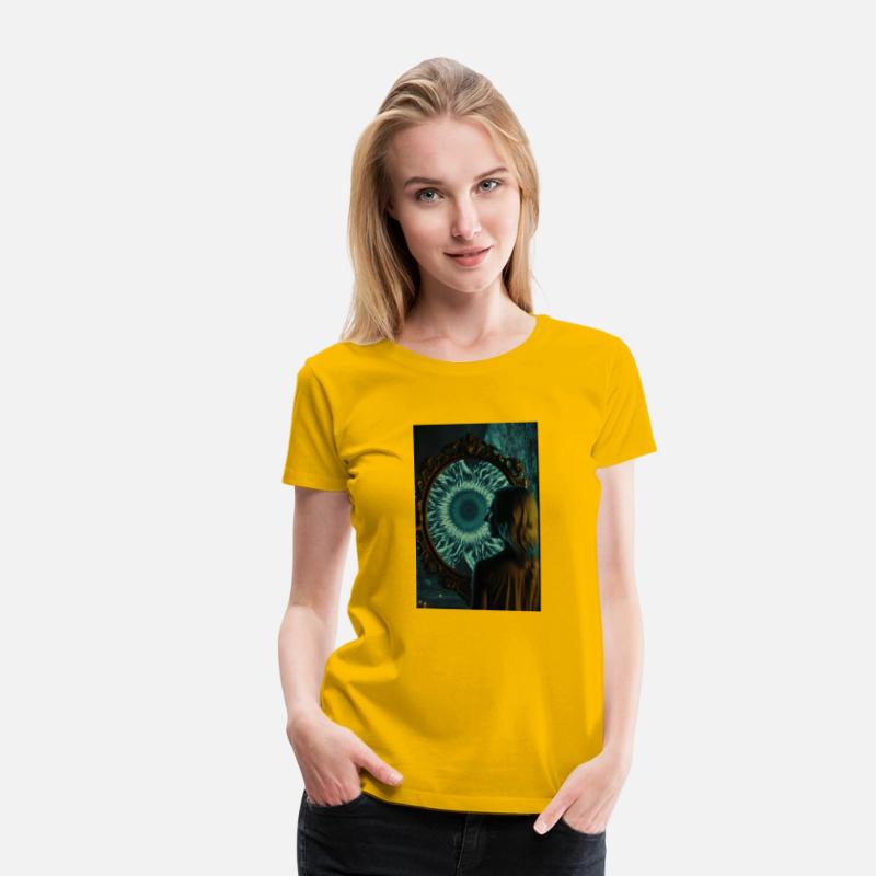 A woman standing in front of a large mirror