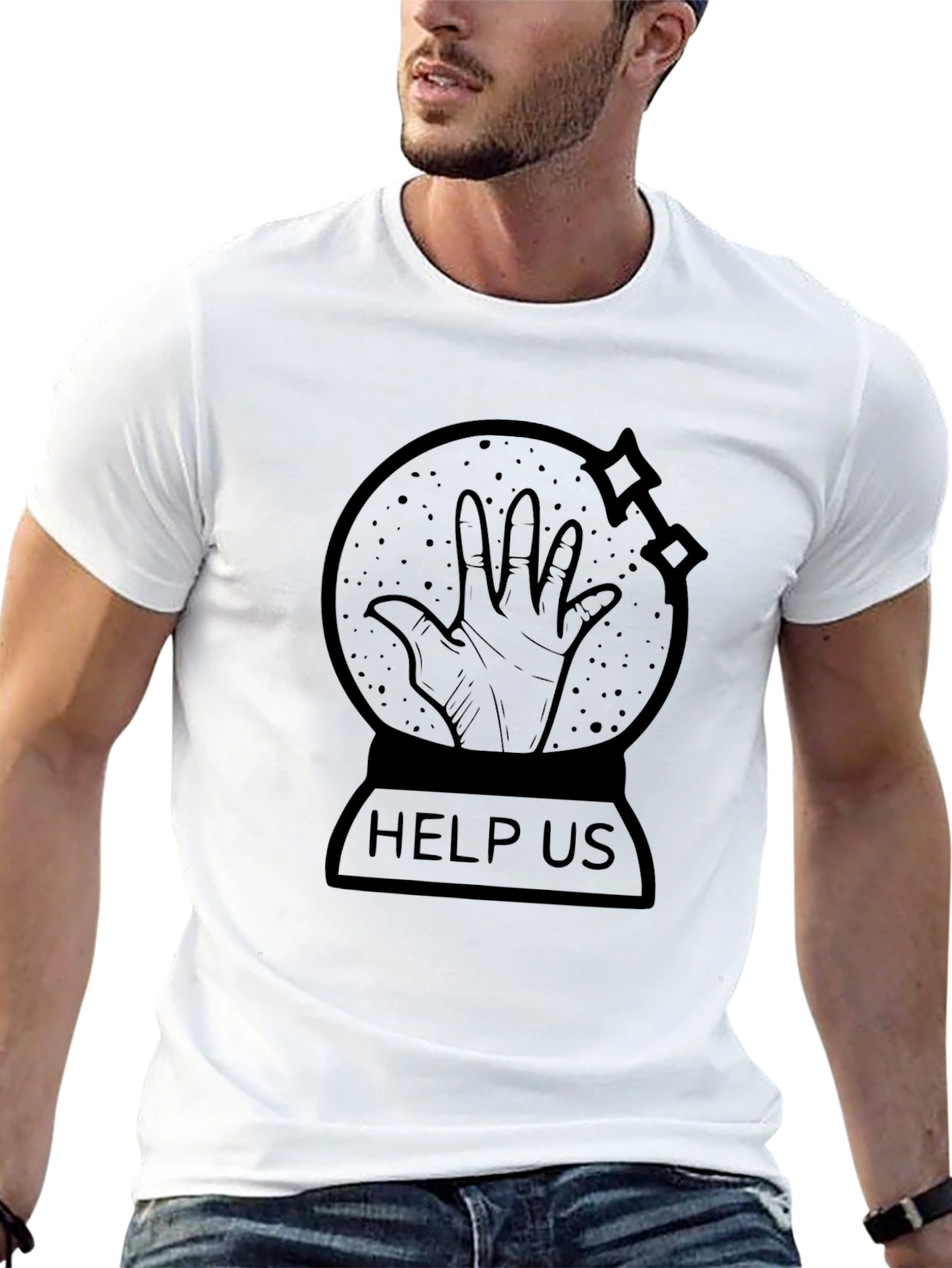 Distressed Help Us Graphic Print Crew Neck T-Shirt