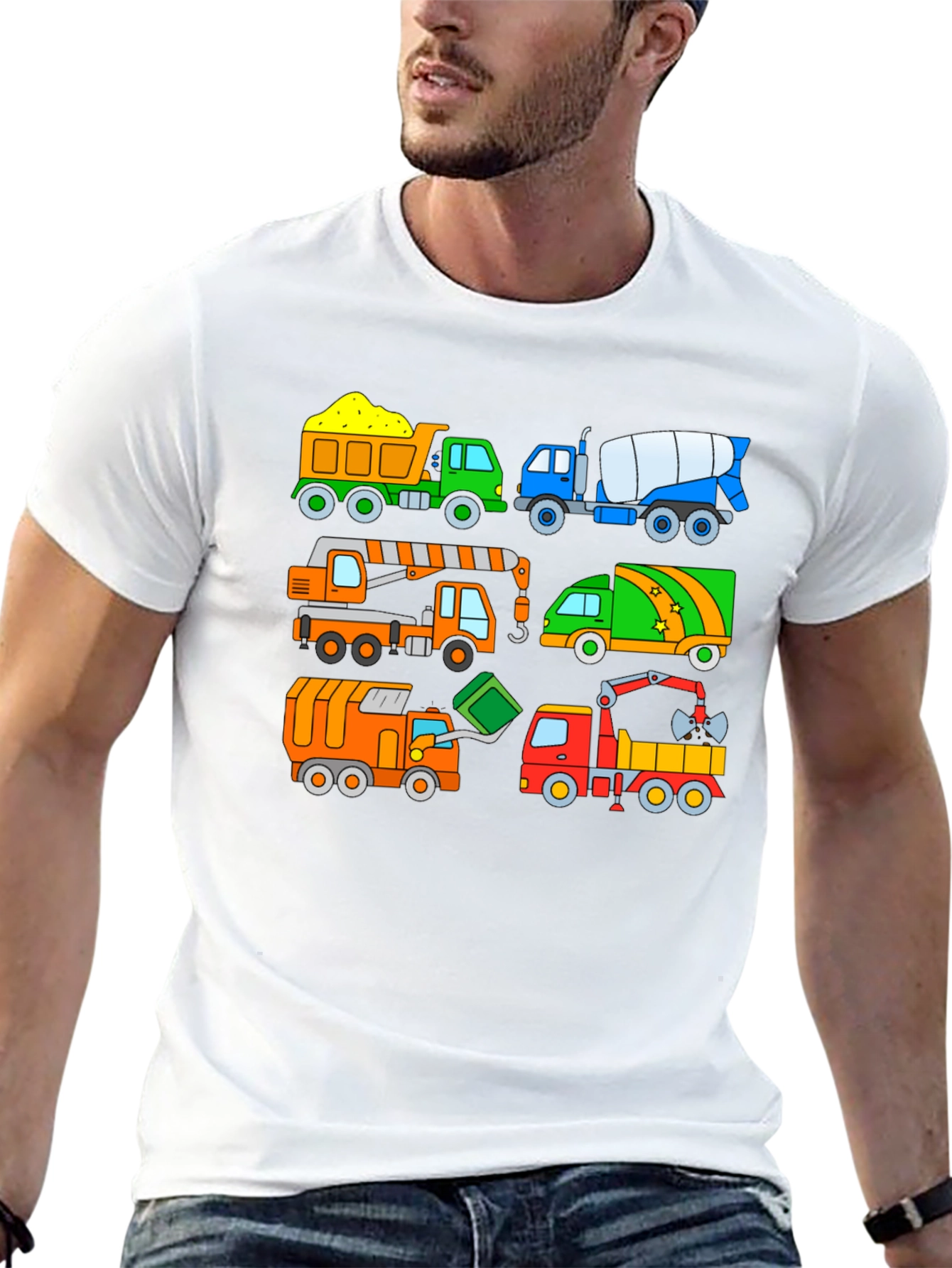Cartoon Construction Trucks Black T-Shirt