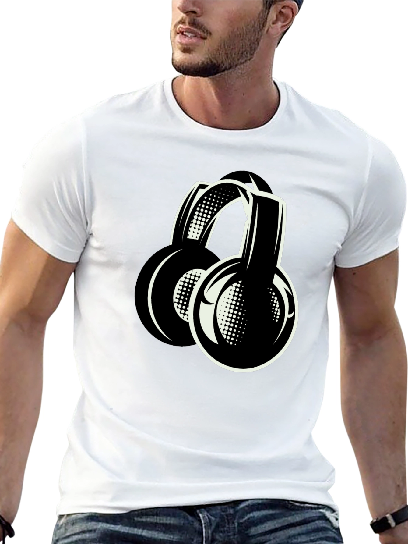 Stylish Black Headphones Graphic T-Shirt