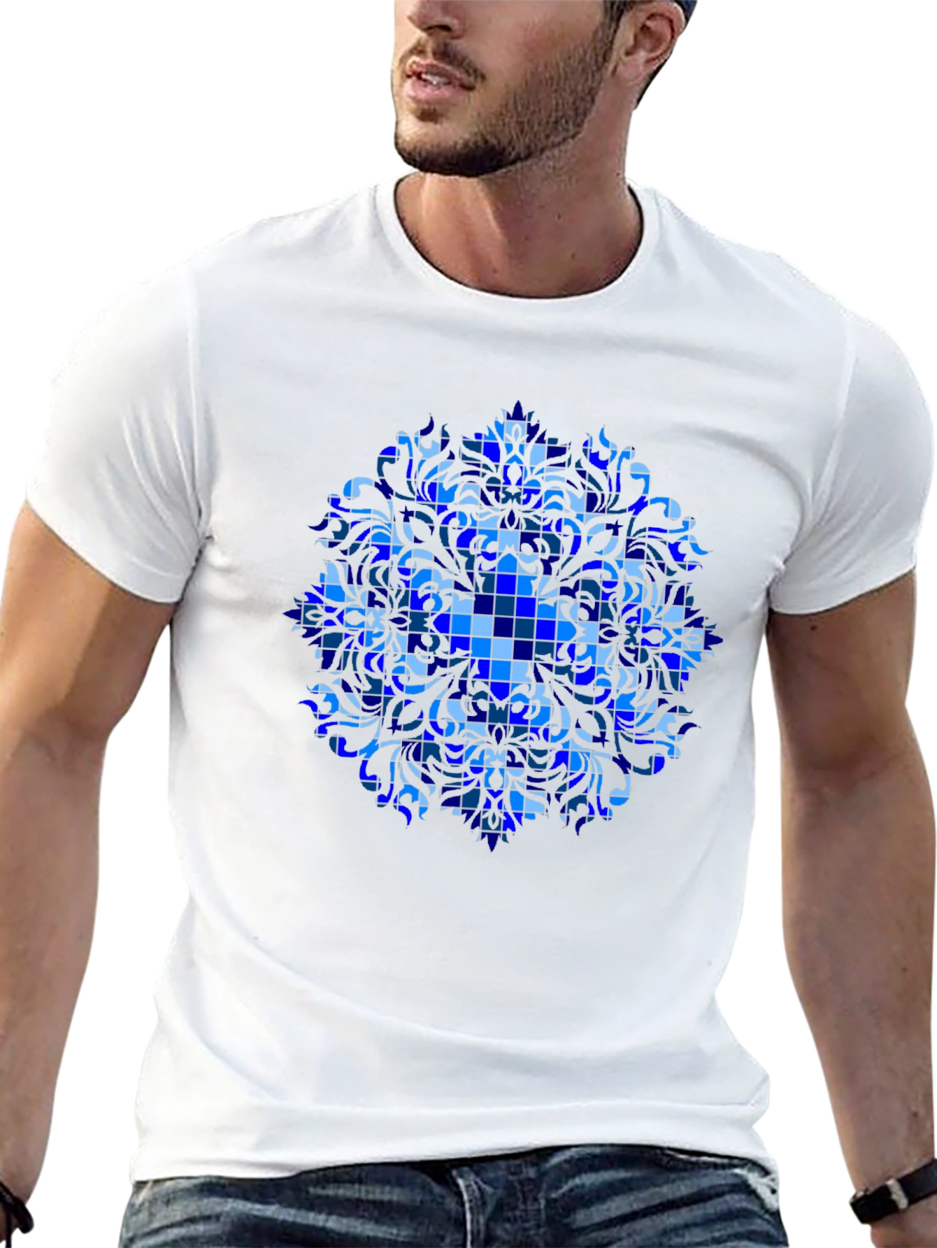 Blue Geometric Mandala Graphic T-Shirt