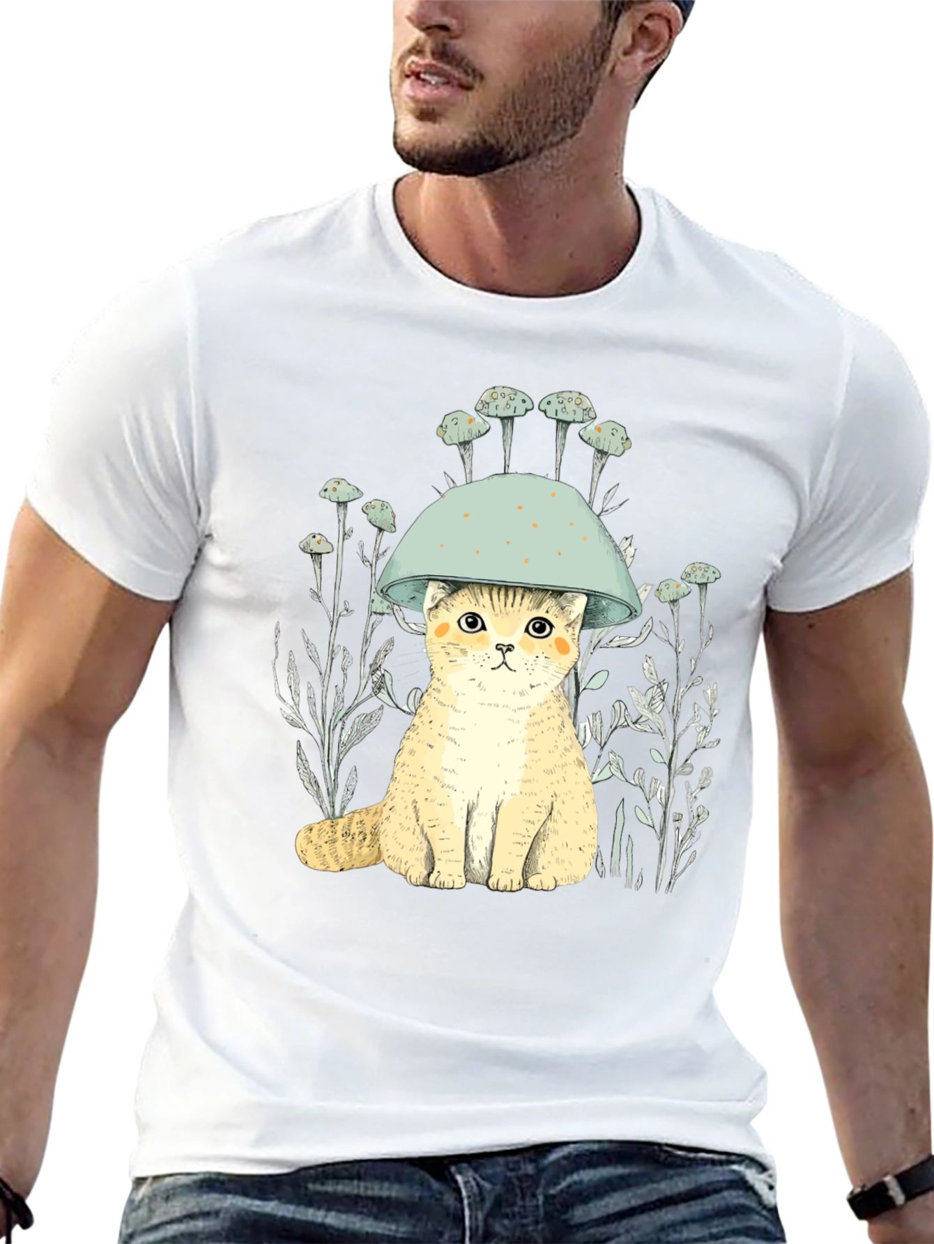 Cat in Mushroom Hat Black T-Shirt