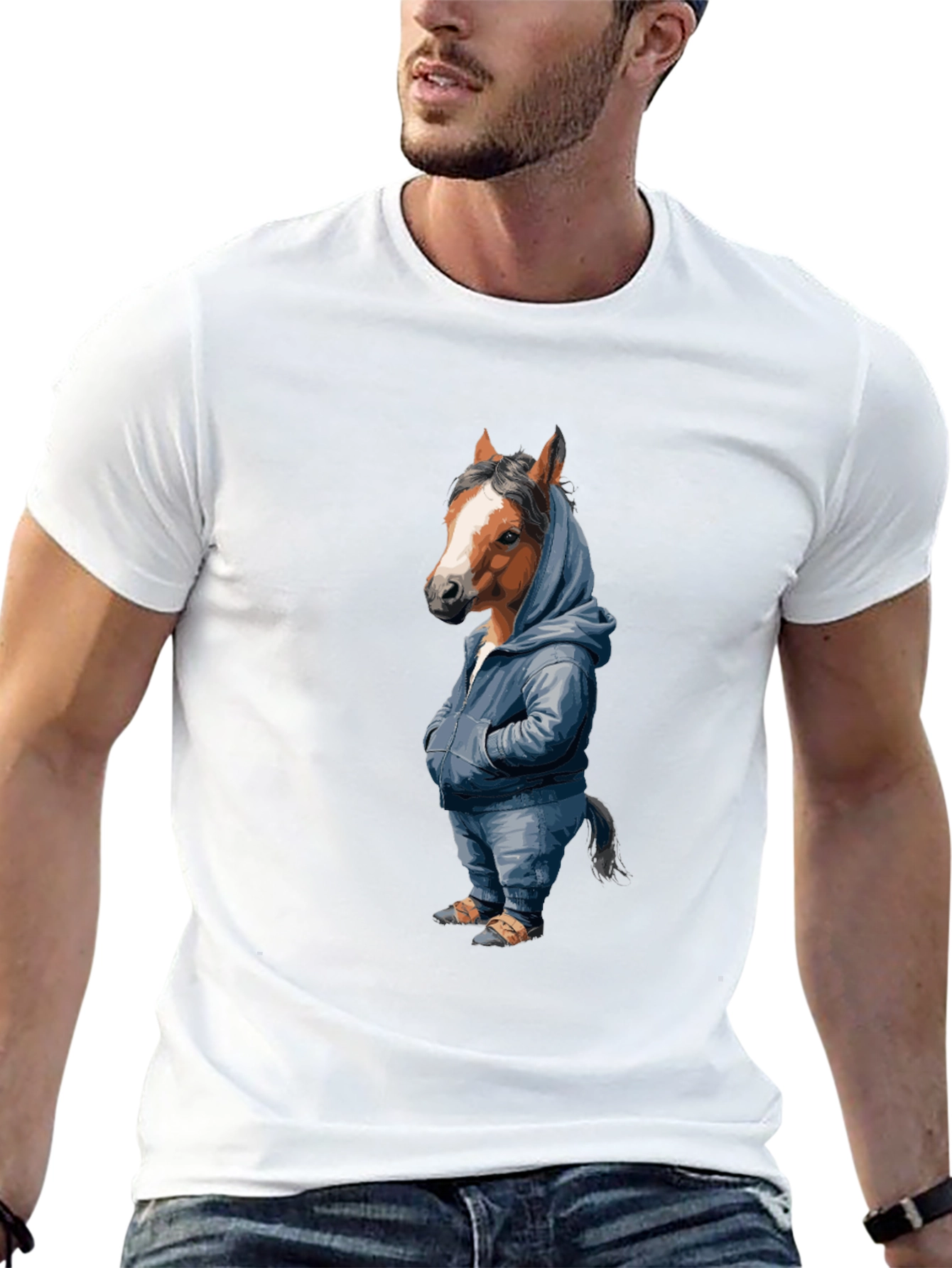 Horse in Hoodie Graphic T-Shirt