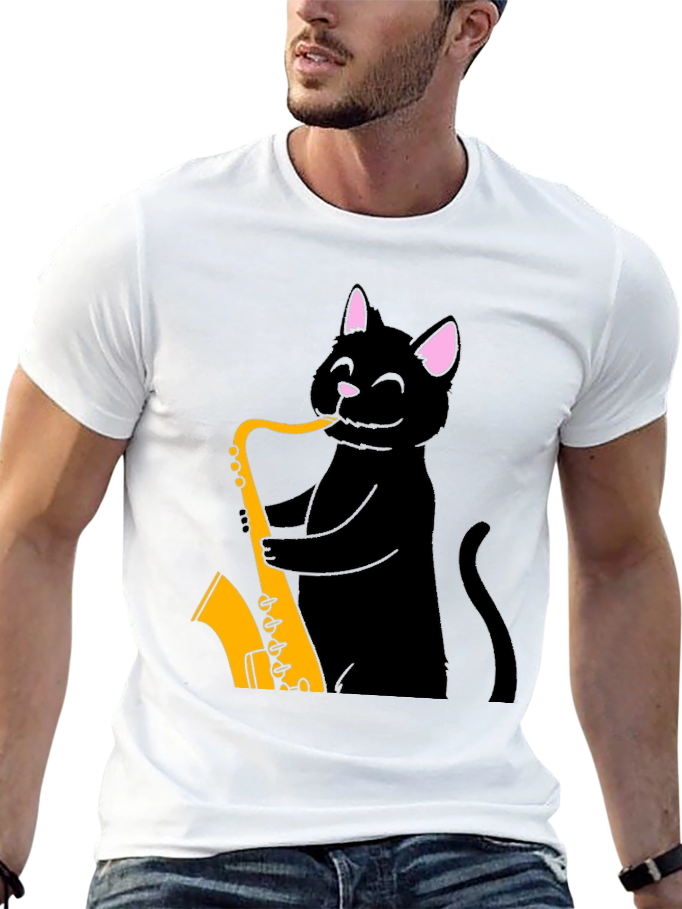 Black Cat Saxophone T-Shirt - Cool Music Tee