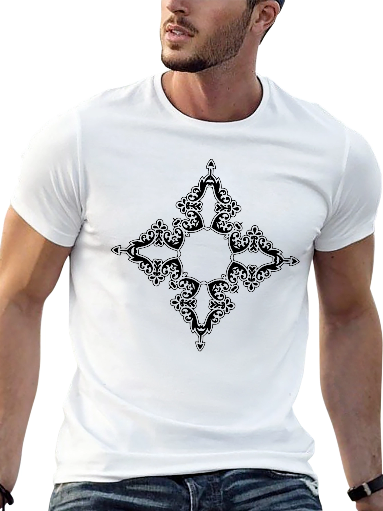 Mens Black T-Shirt with Ornamental Diamond Graphic