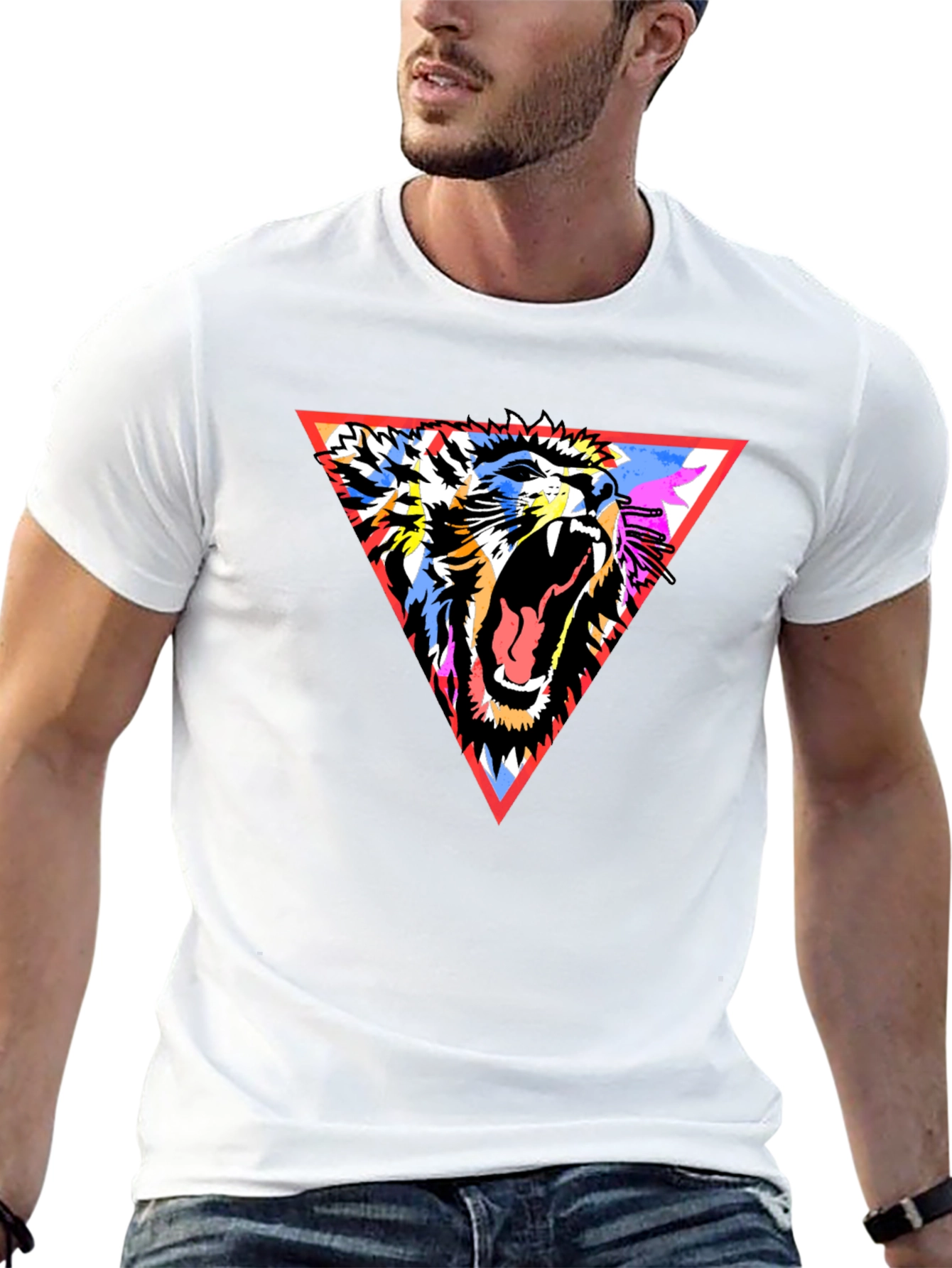 Lion Triangle Graphic Print Black T-Shirt