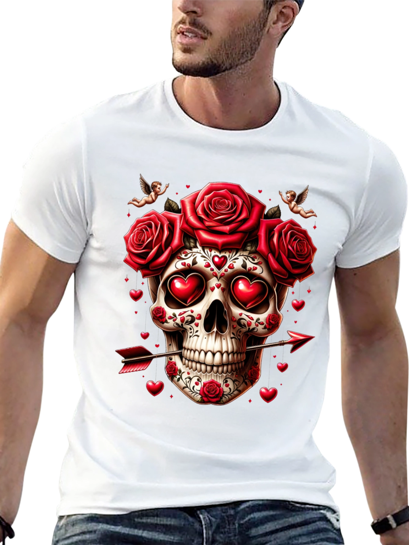 Skull Roses Hearts Arrow Valentines Day T-Shirt