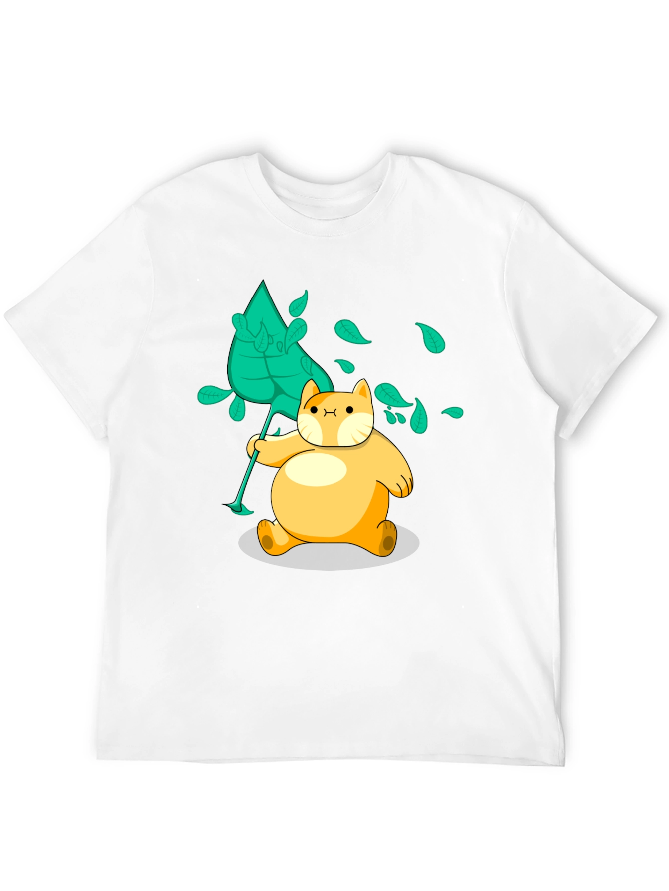 Cartoon Cat Leaf Catching Black T-Shirt