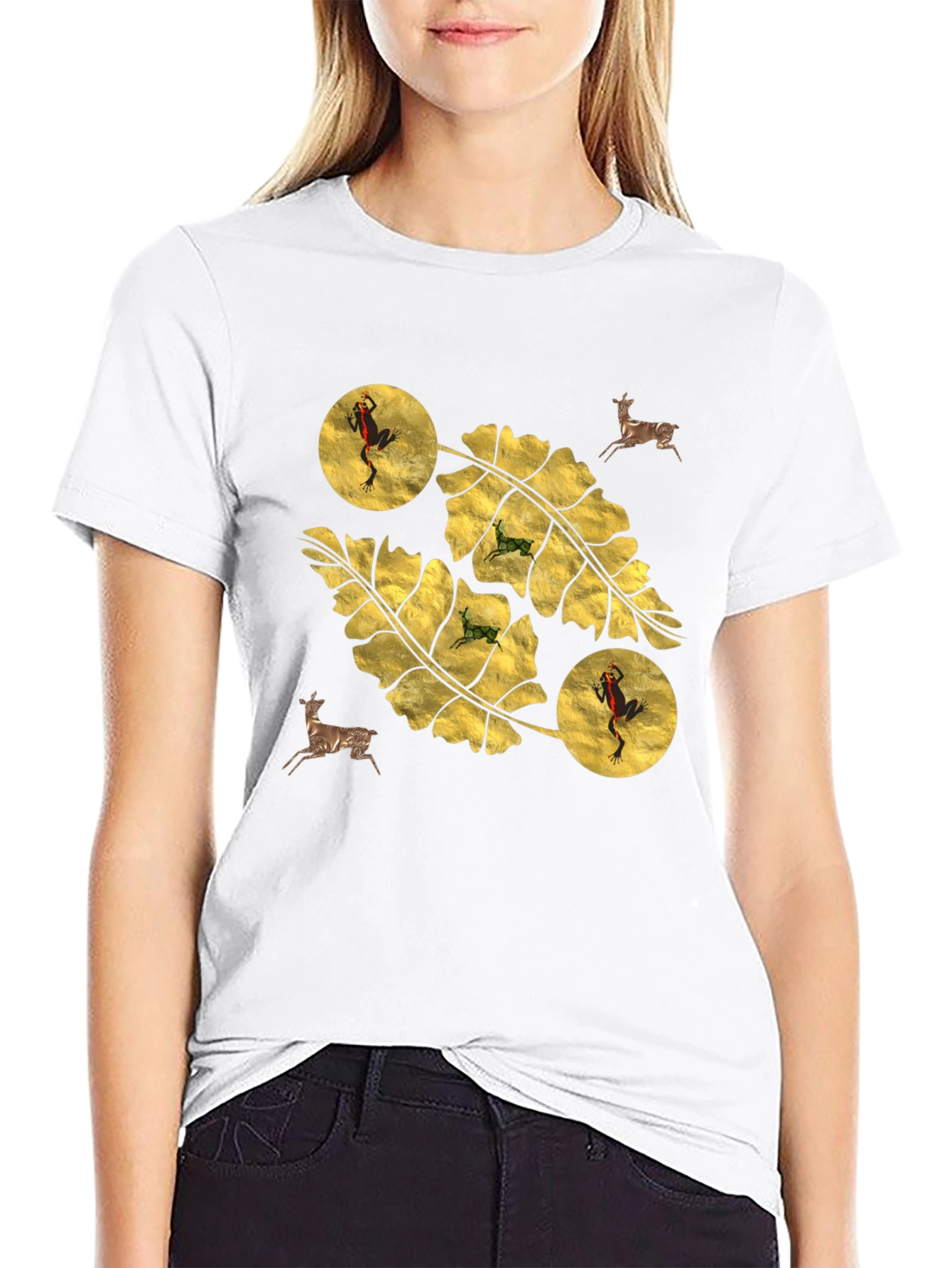 Botanical Frog & Deer Print Black T-Shirt