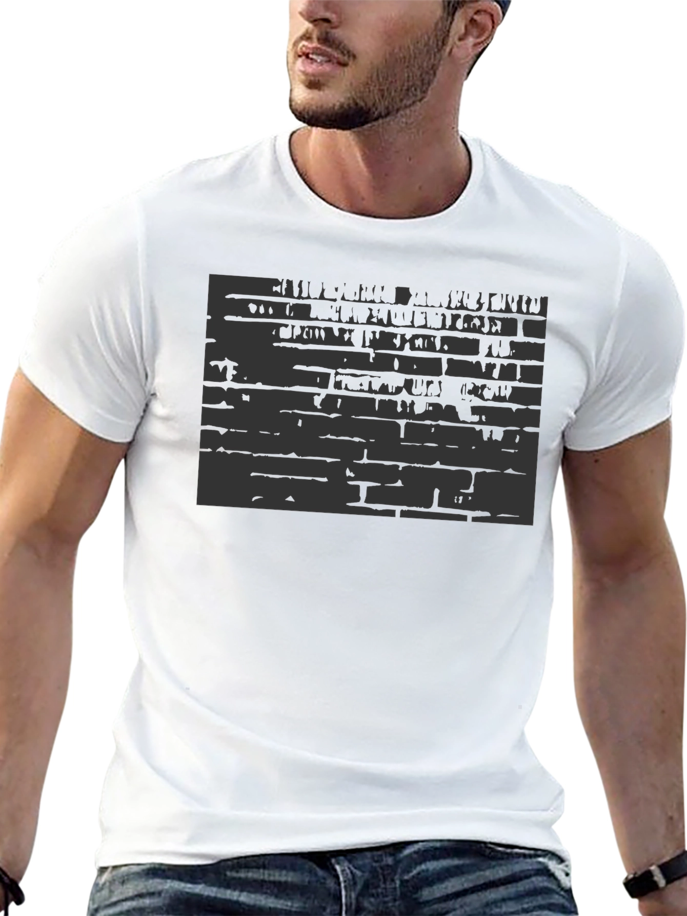 Abstract Brick Wall Print Black T-Shirt
