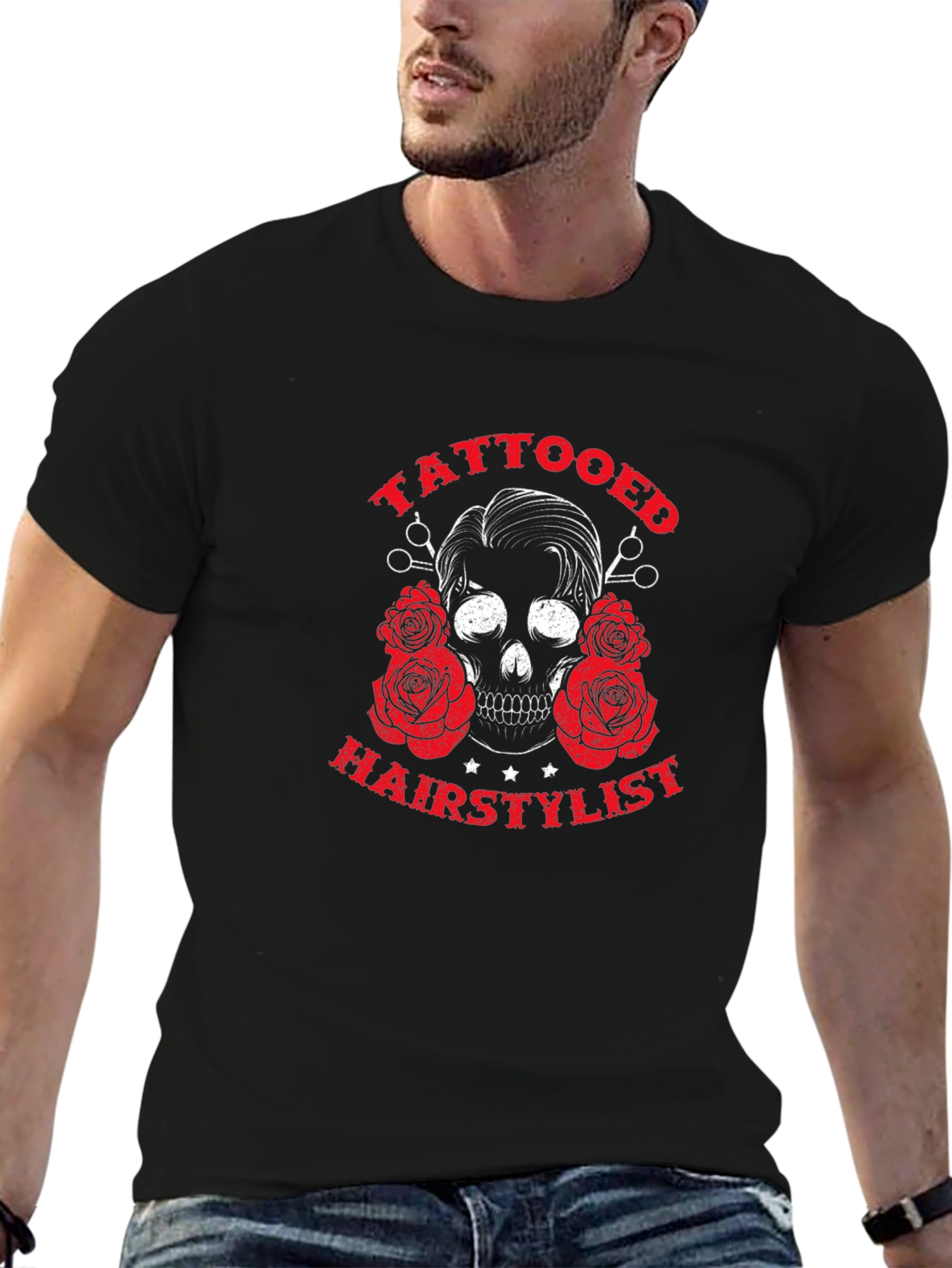 Tattooed Hairstylist Skull Graphic Black T-Shirt
