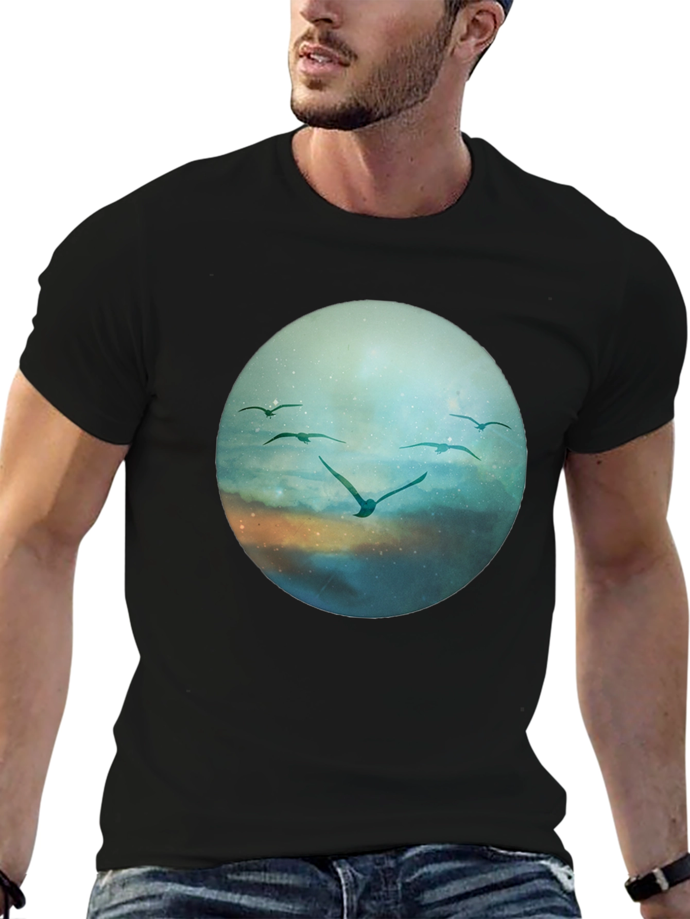 Bird Flight Graphic Tee - Black Cotton T-Shirt