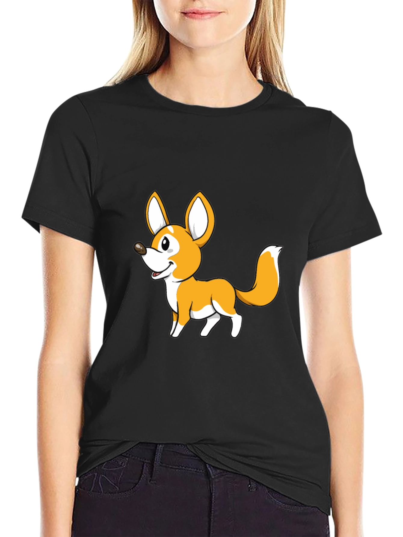 Cute Cartoon Fox Graphic Tee - Black