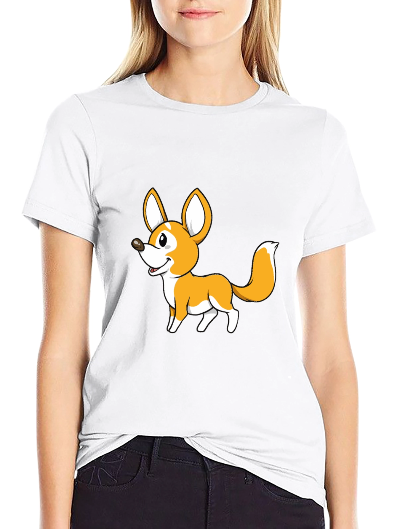 Cute Cartoon Fox Graphic Tee - Black