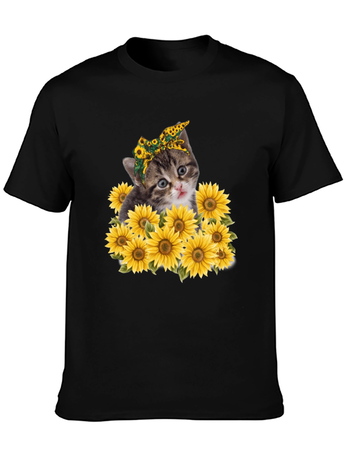 Cat Sunflower Graphic Tee - Trendy Black T-Shirt