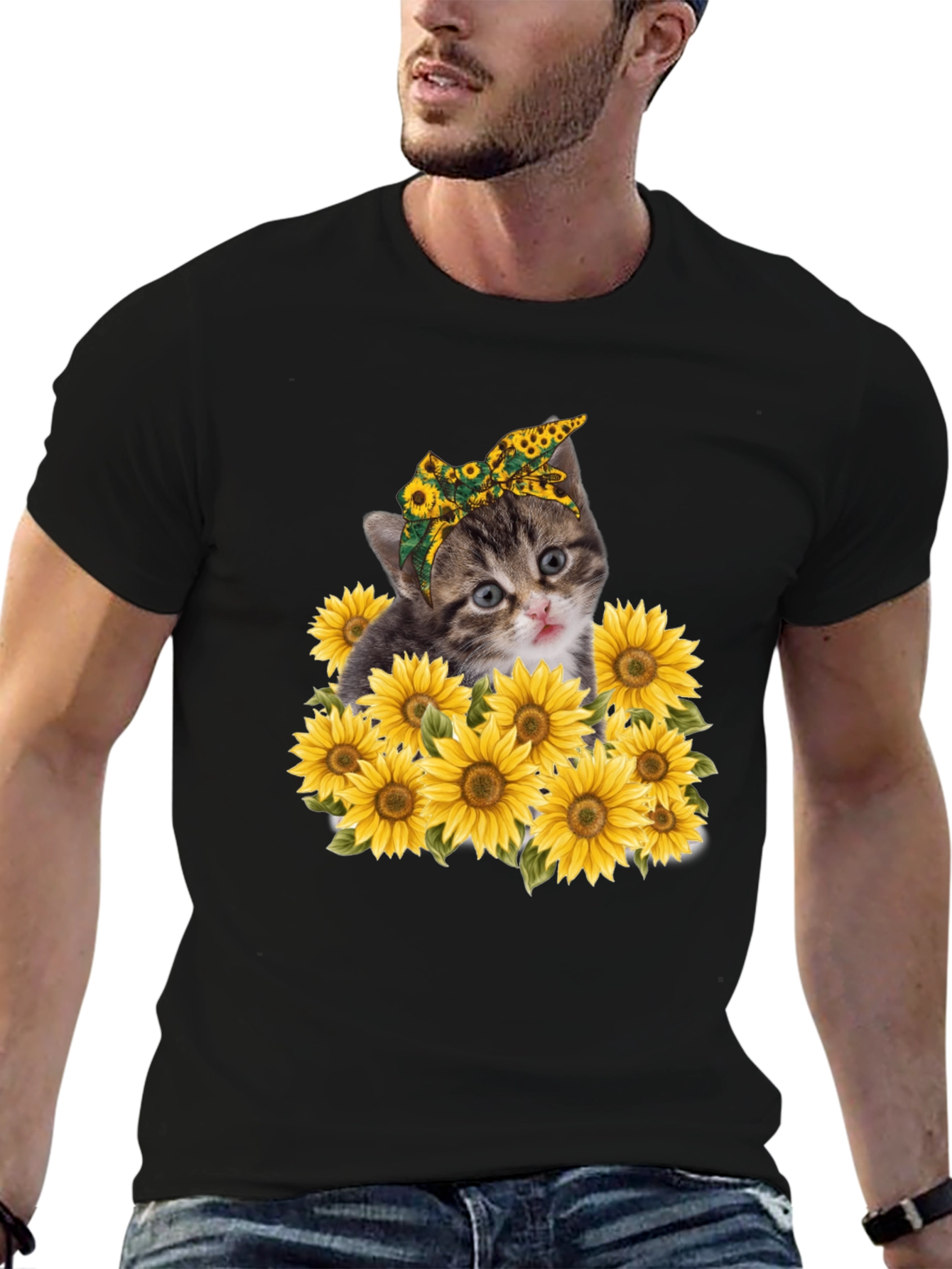 Cat Sunflower Graphic Tee - Trendy Black T-Shirt