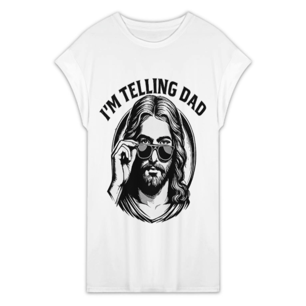 I’m Telling Dad Funny Christian Graphic T-Shirt | Faith-Based Humor Jesus Sunglasses Tee(z997)