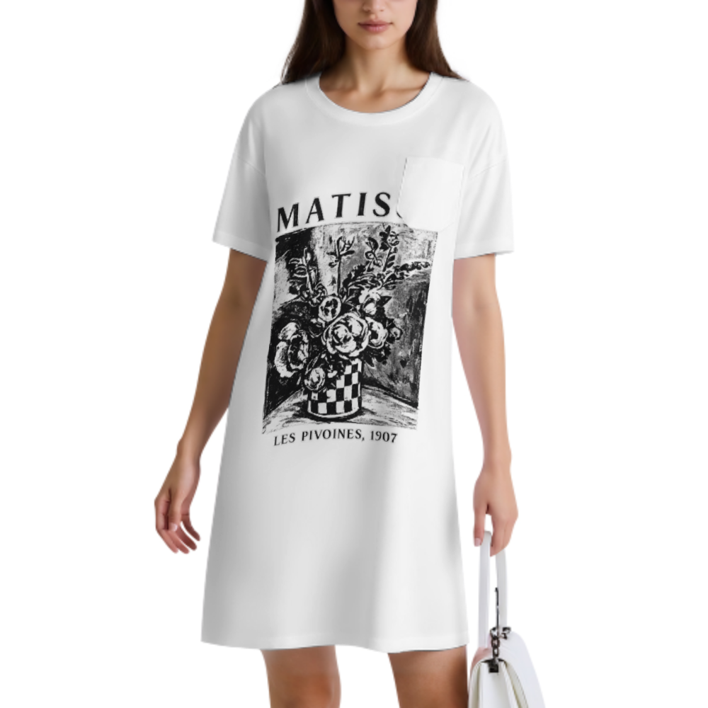 Matisse Les Pivoines 1907 Vintage Art T-Shirt Dress | Floral Museum-Inspired Graphic Tee(z1022)