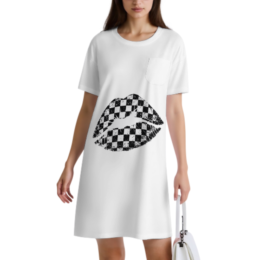Vintage Checkered Lips Graphic Tee Dress | Retro Racing Aesthetic Casual Oversized Shirt Dress(z1030)
