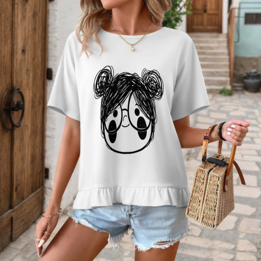 Cute Messy Bun Girl Face Graphic T-Shirt | Minimalist Kawaii Cartoon Aesthetic Tee for Women(z1001)