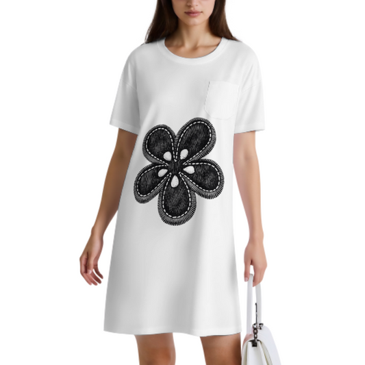 Vintage Stitch Flower Graphic T-Shirt Dress – Minimalist Floral Boho Casual Outfit(z1029)