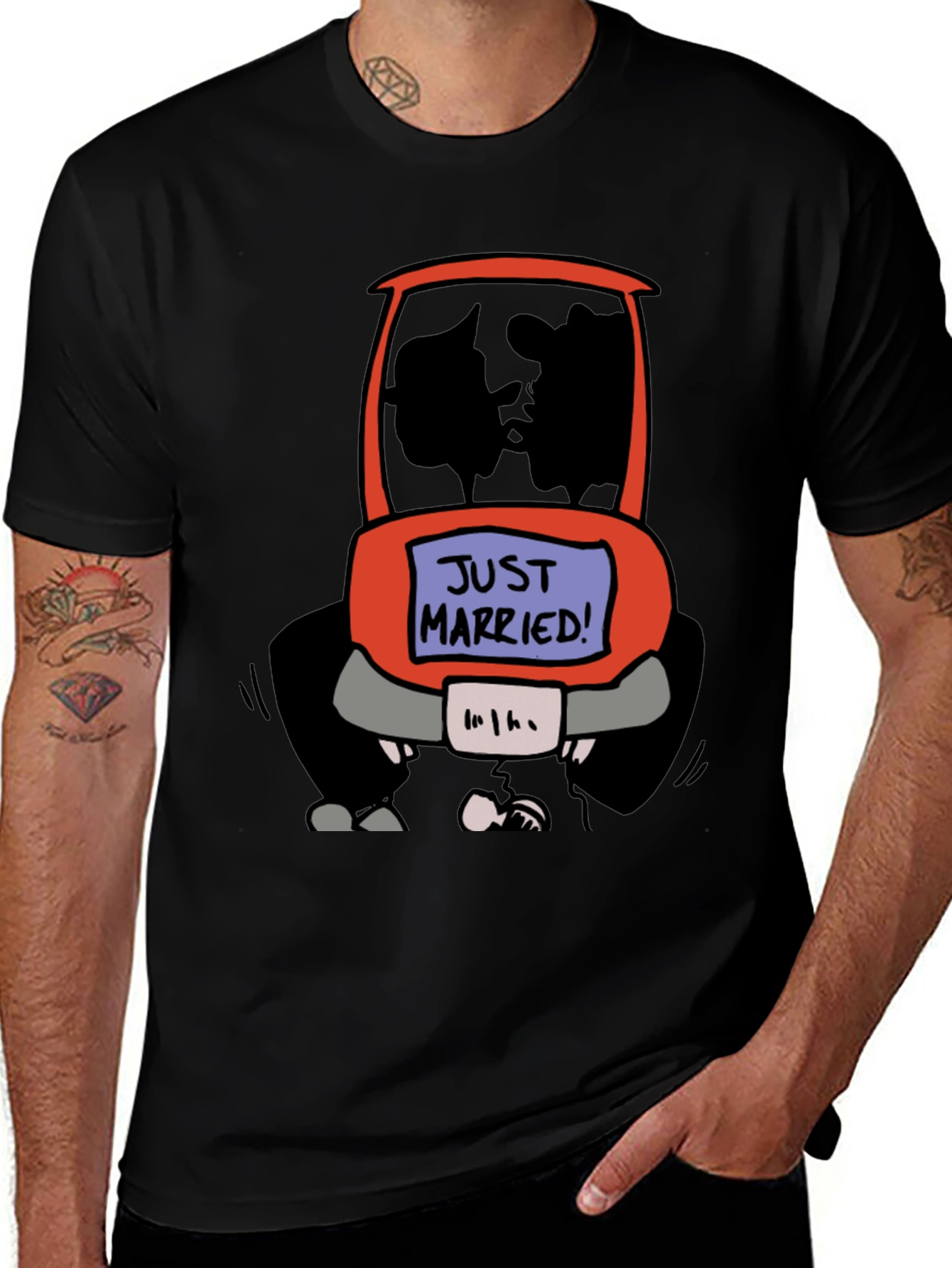 Just Married Cartoon Car Graphic Tee